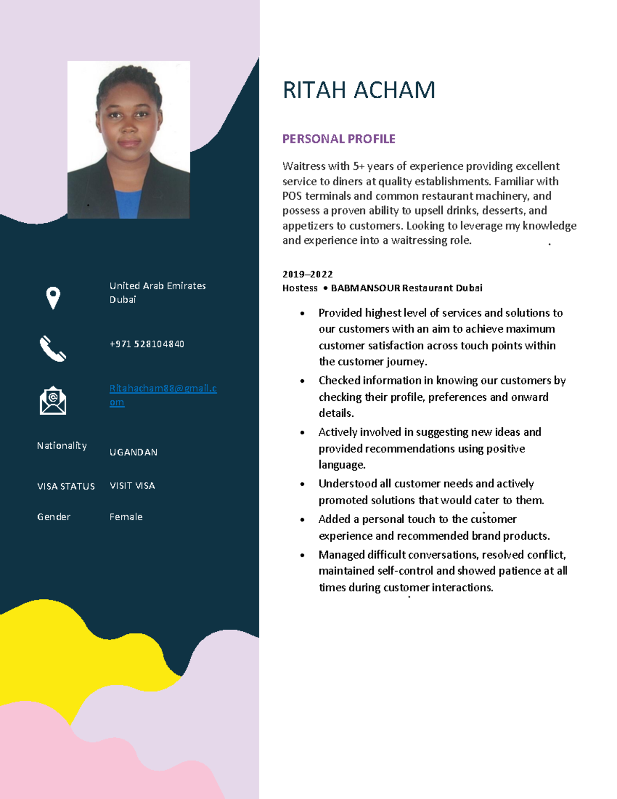 RITAH ACHAM: Experienced Waitress Profile and Service Excellence - Studocu