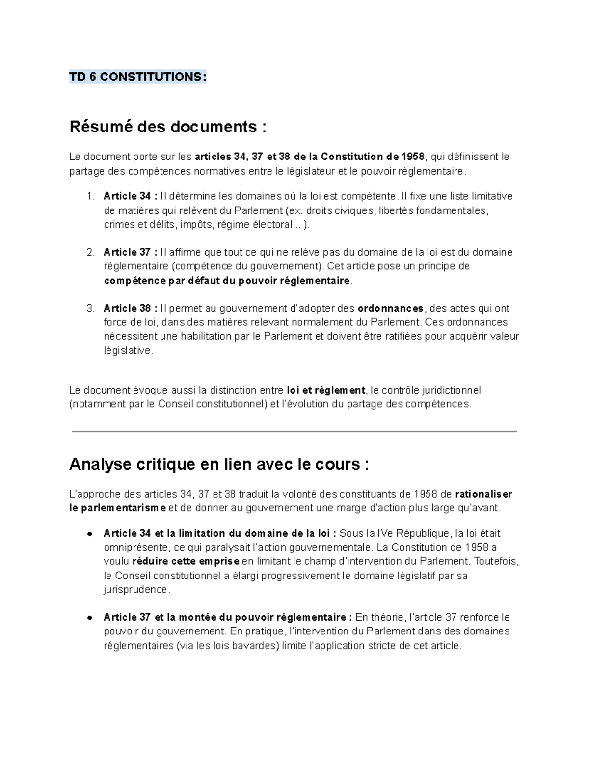 TD 6 Droit Constitutionnel : Analyse des Articles 34, 37 et 38 de 1958 ...