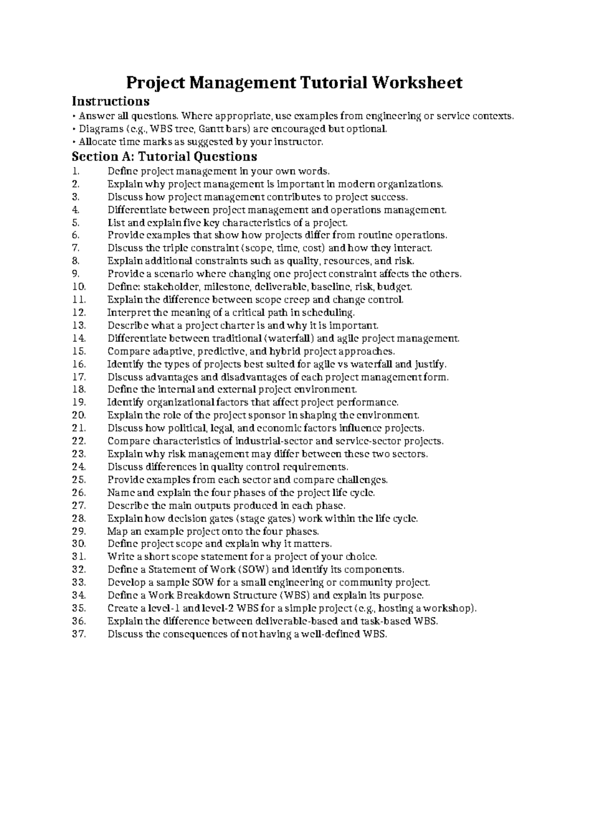 Project Management Tutorial Worksheet: Key Concepts & Examples - Studocu