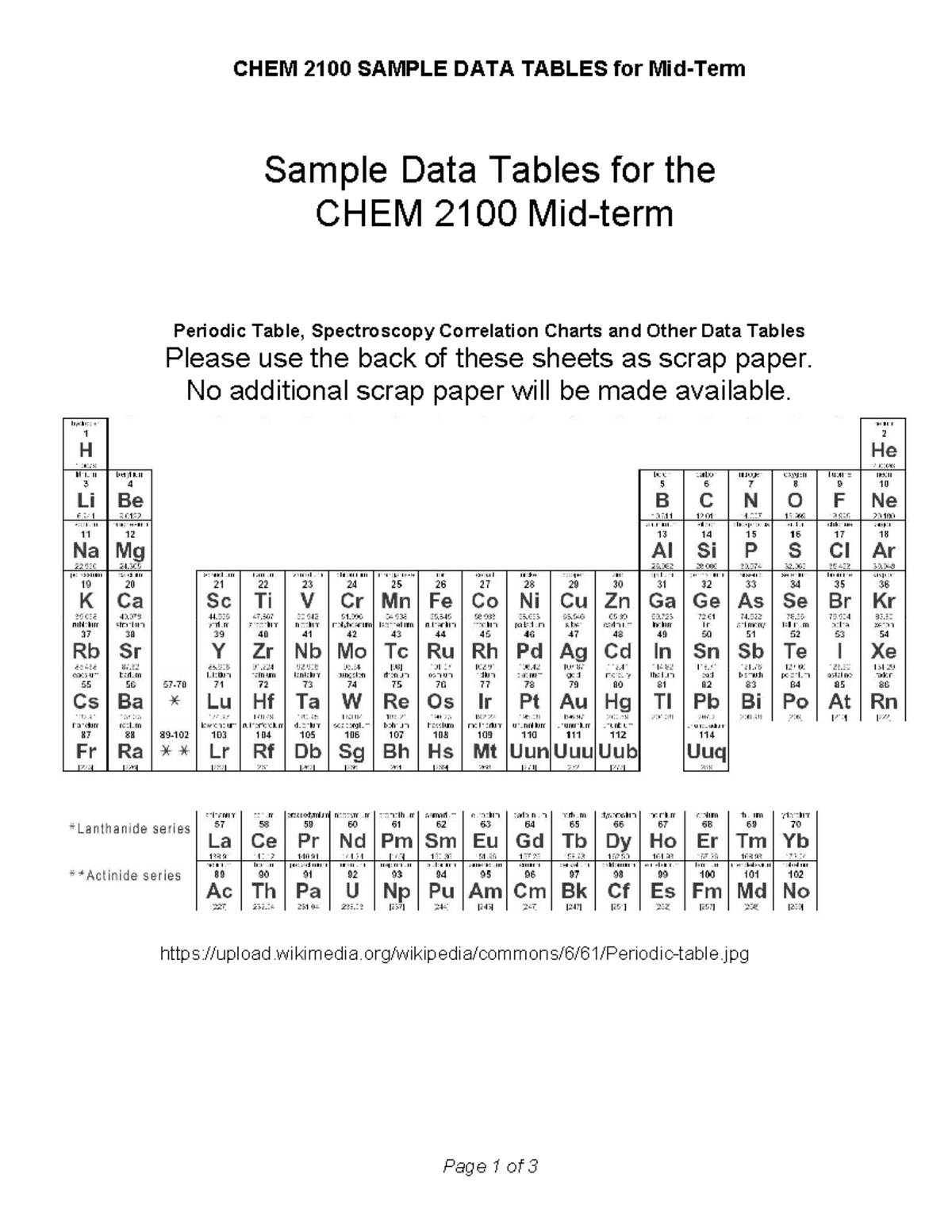 Sample Data Table Mid Term F 23 - CHEM 2100 - CHEM 2100 SAMPLE DATA ...