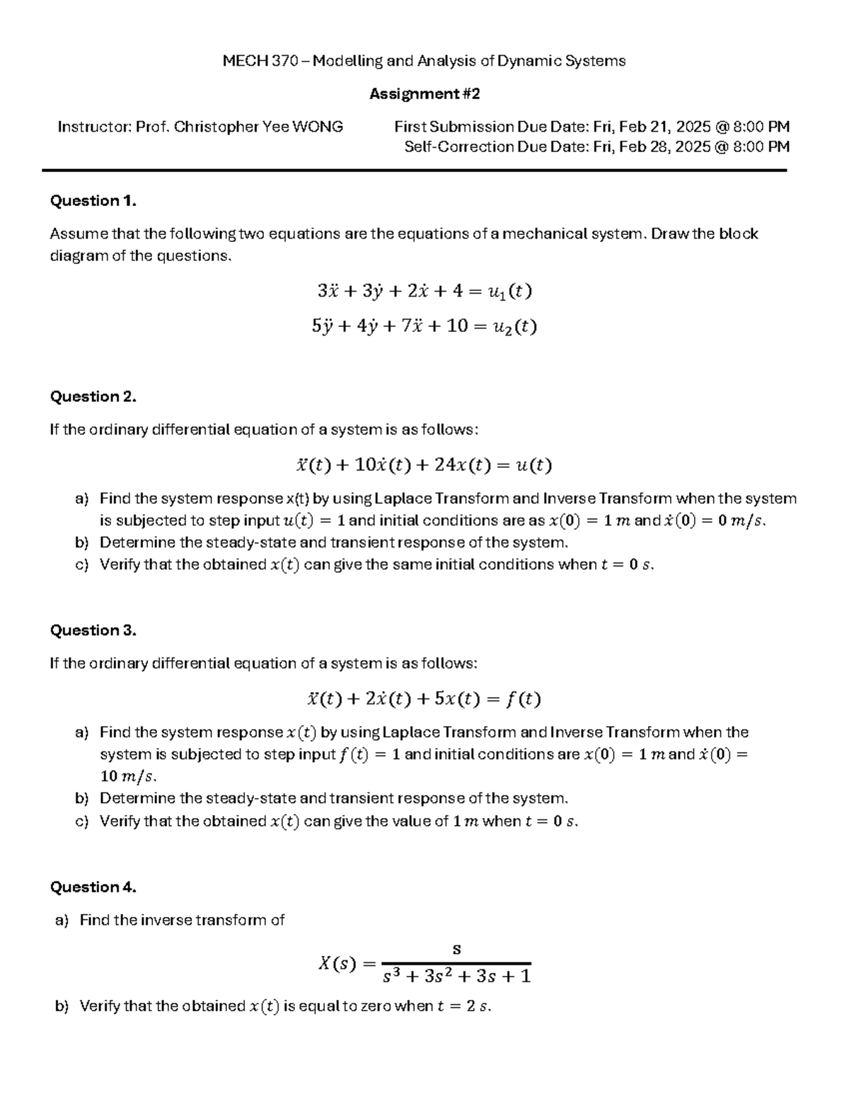 MECH 370 — Dynamic Systems Modelling Assignment #2 Responses - Studocu