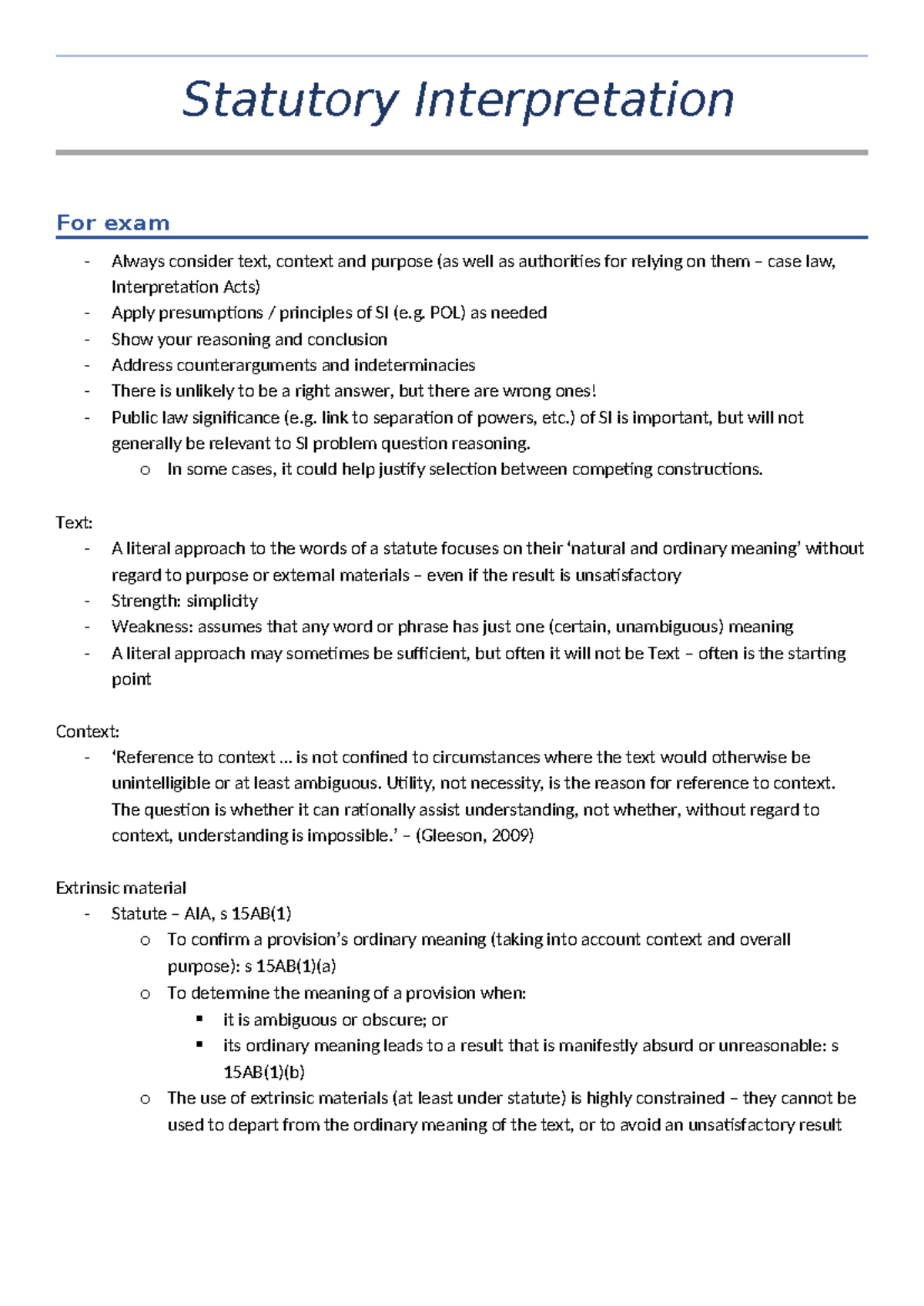 LAWS1141 - Statutory Interpretation Exam Notes and Analysis - Studocu