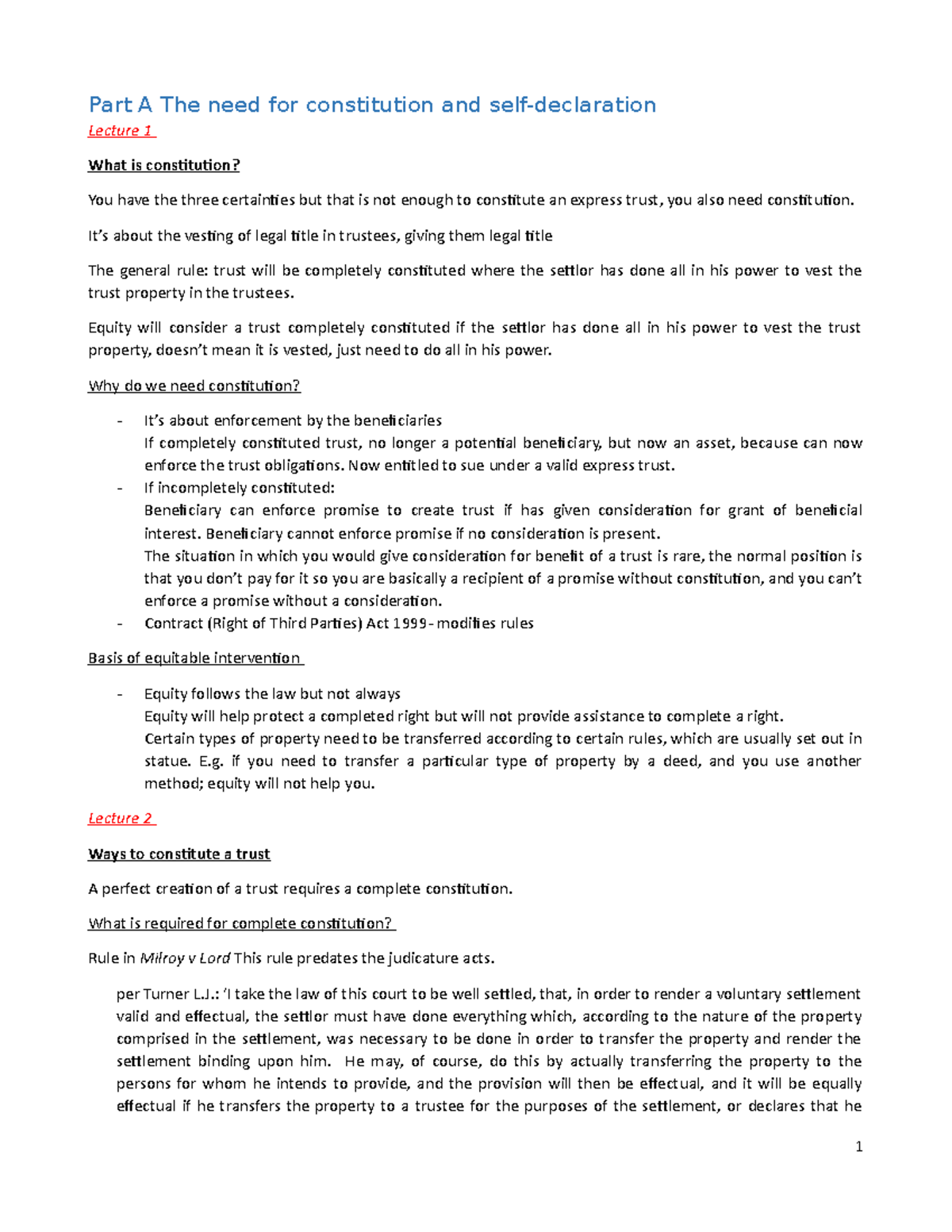 Equity and Trusts 3 - Lecture notes section 3 of lectures - Part A The ...