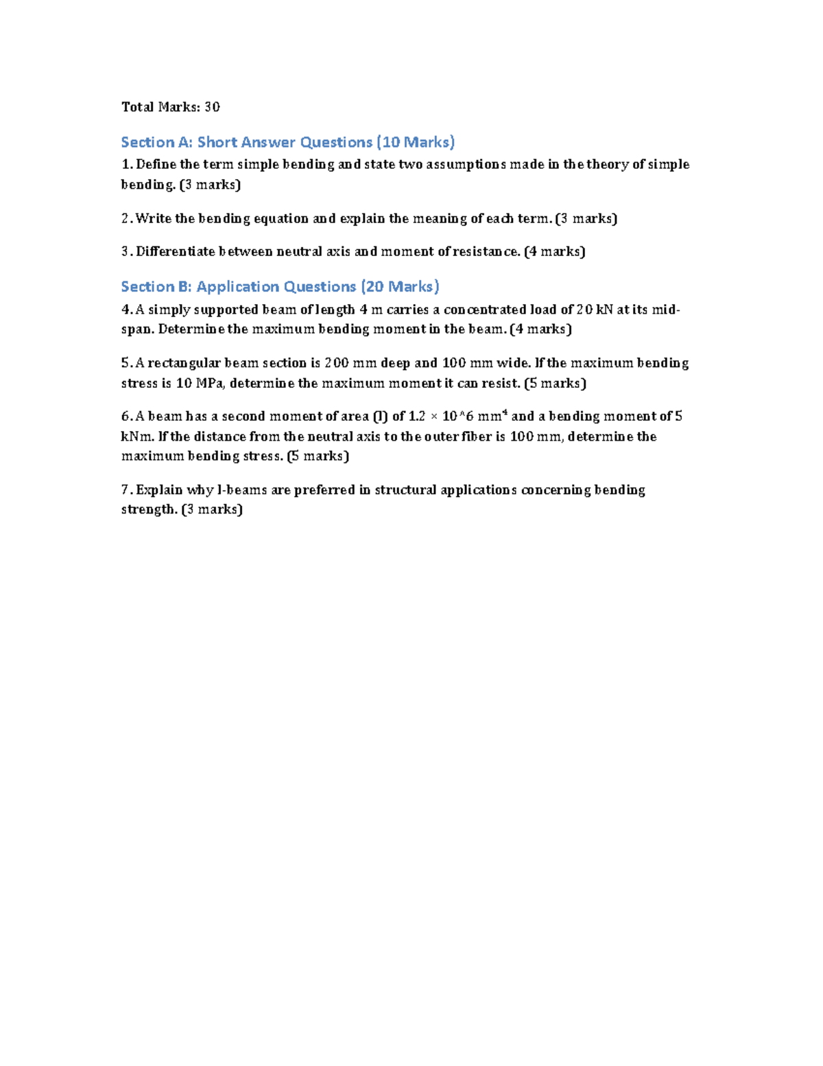 Structures 1 CAT 2 - Short Answer & Application Questions Notes - Studocu