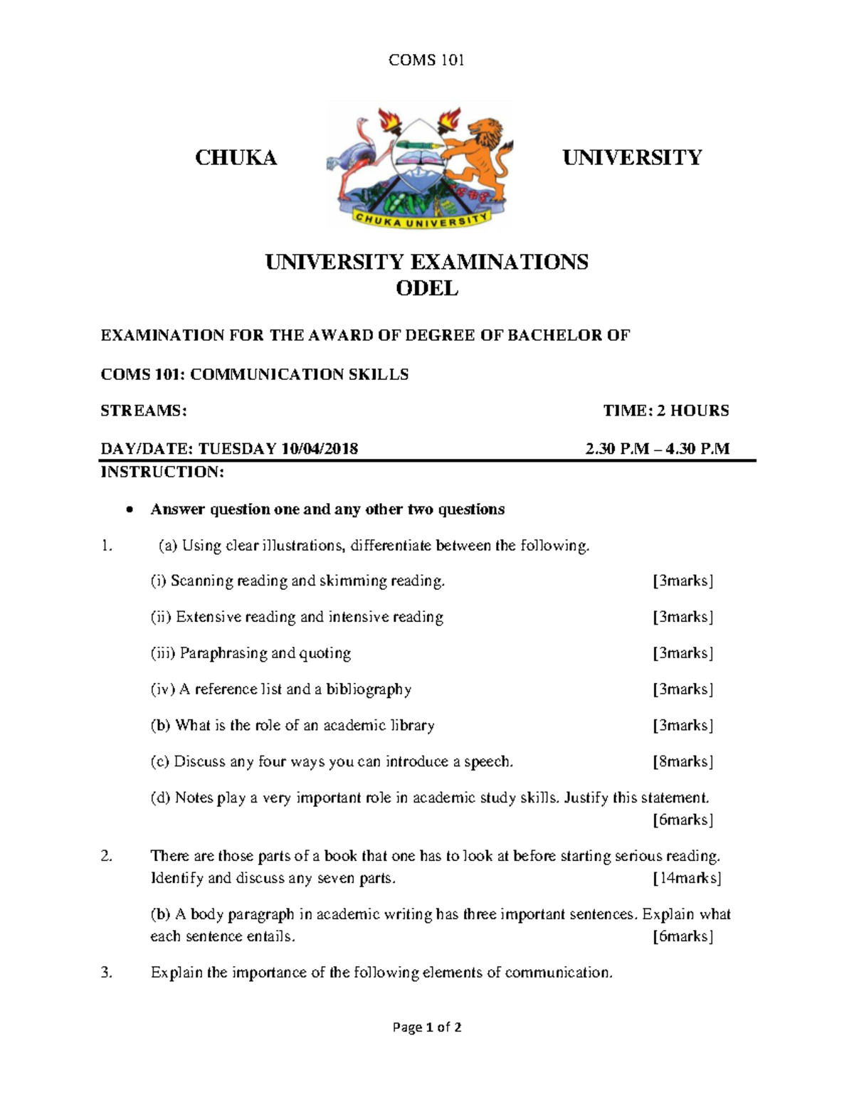COMS 101 ODEL - Communication Skills Exam Notes - Studocu