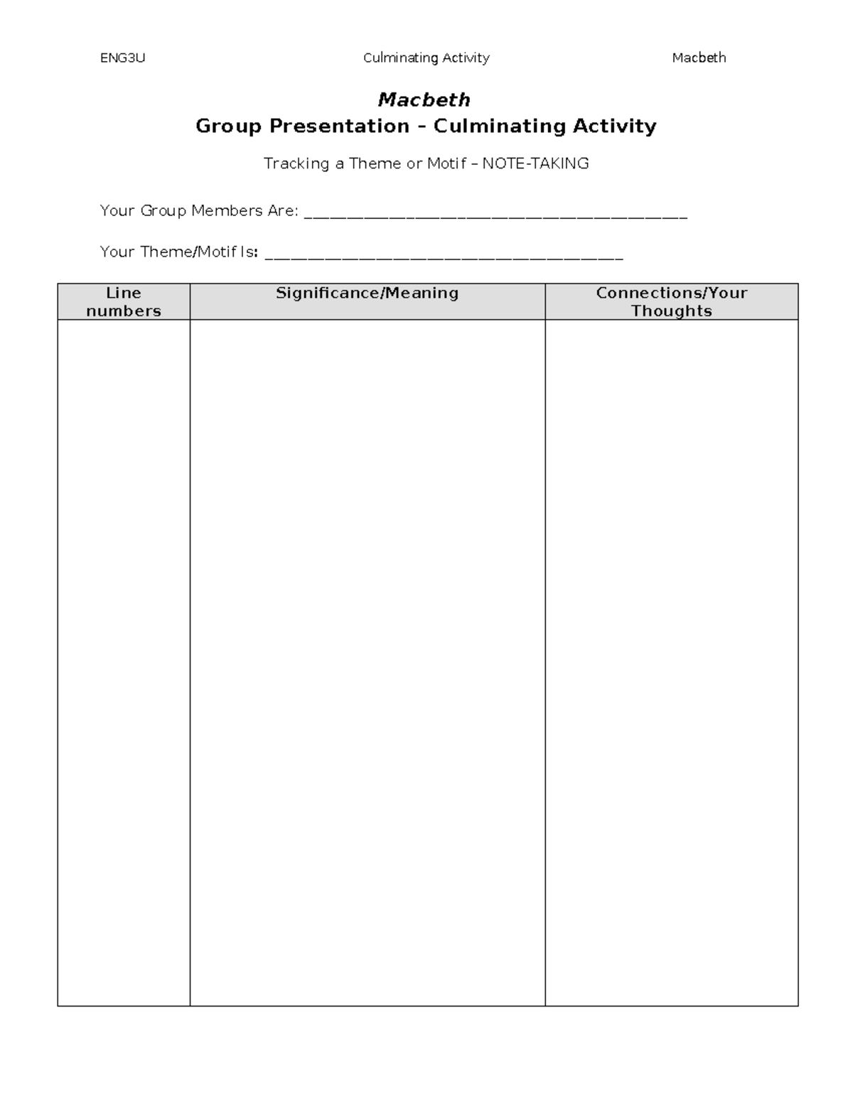 Macbeth - Theme Tracking - Graphic Organizer - ENG3U Culminating ...