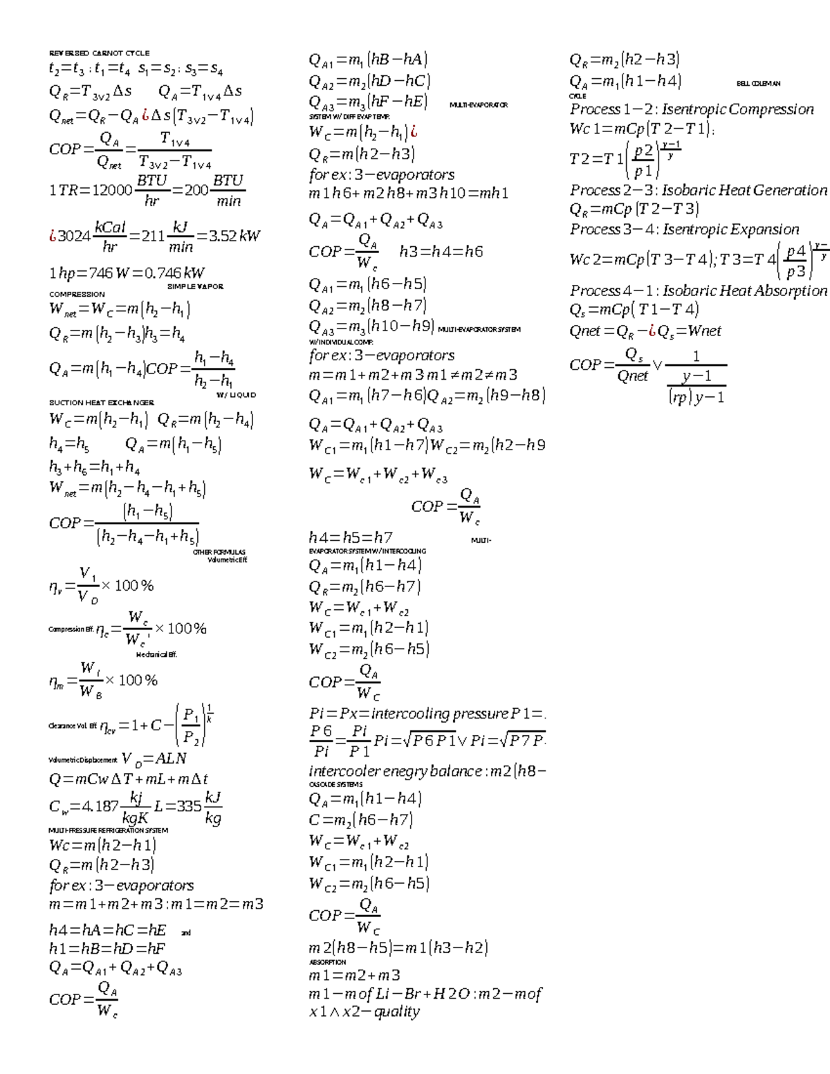 Refrigeration Systems Cheat Sheet: Key Formulas and Concepts - Studocu