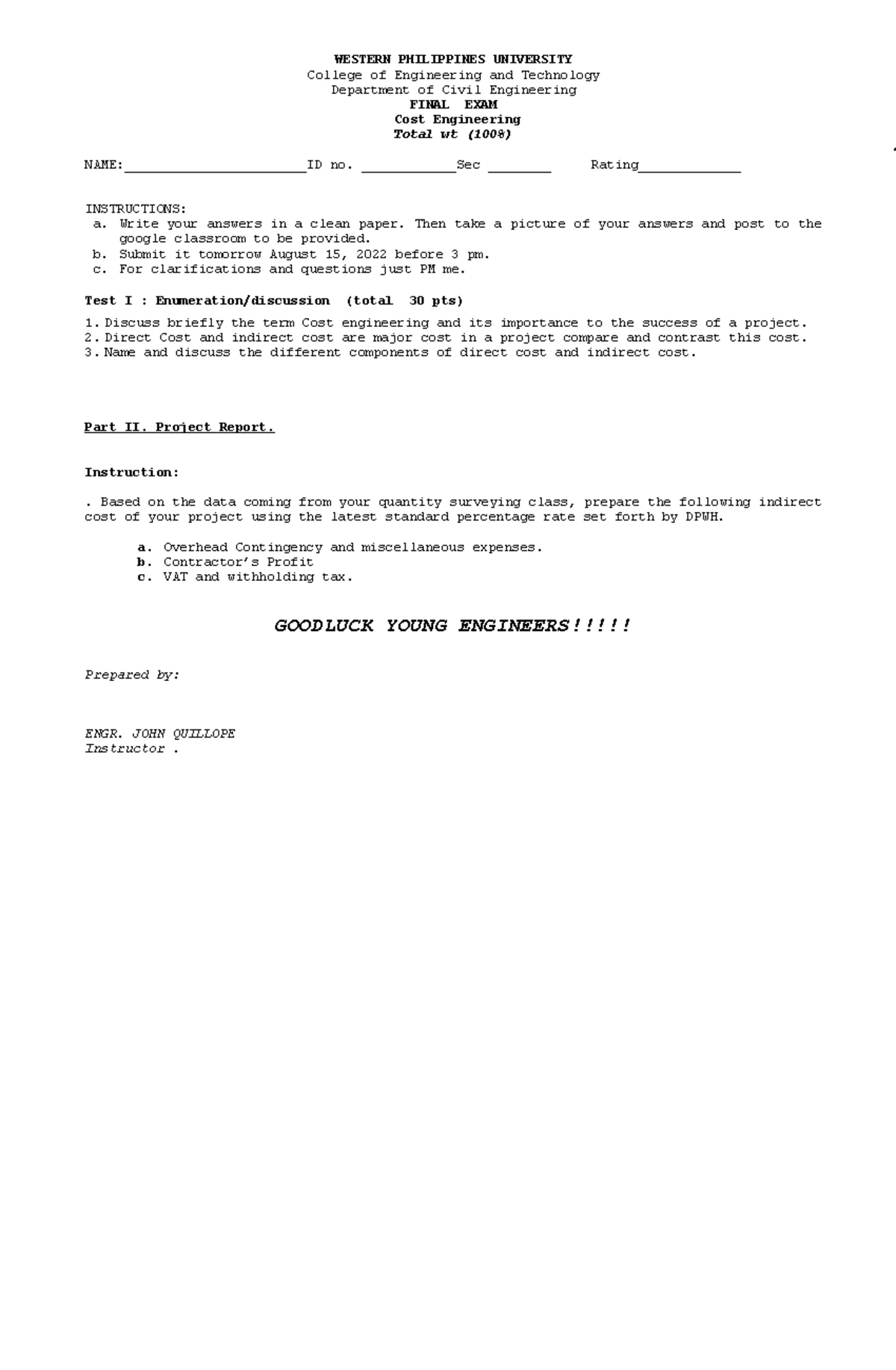 Construction Methods & Project Management Final Exam - CMT 101 - Studocu