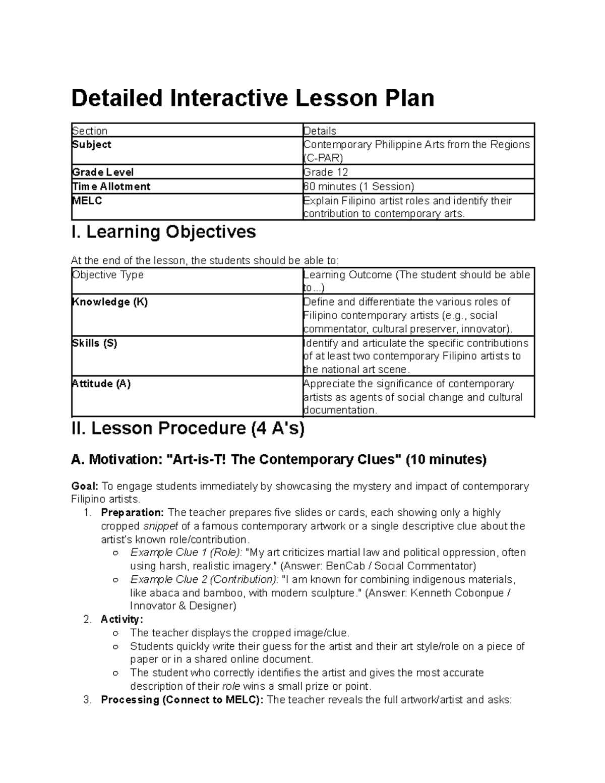 Grade 12 Contemporary Philippine Arts Interactive Lesson Plan - Studocu