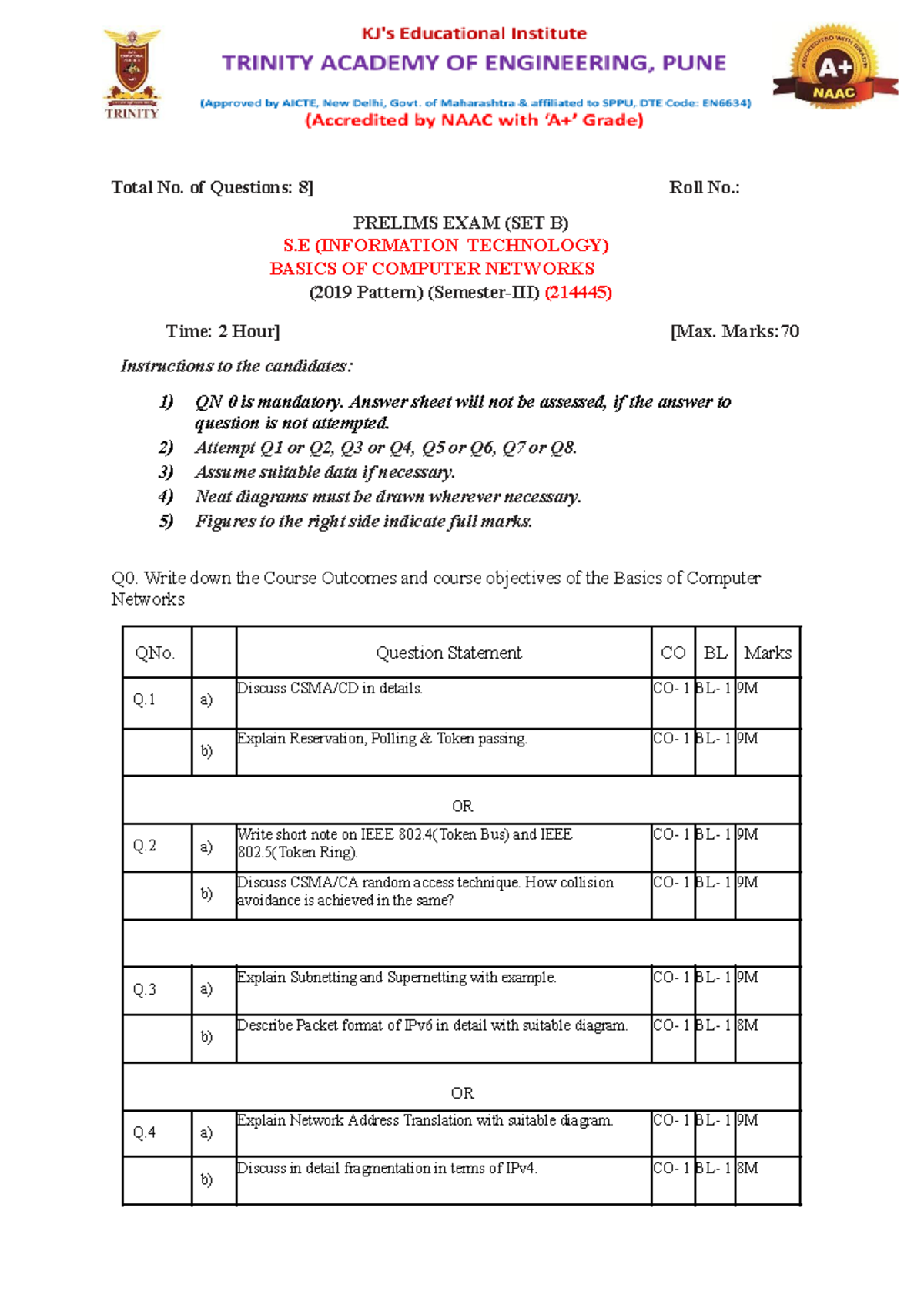 BCN Prelims SET B - Total No. Of Questions: 8] Roll No.: PRELIMS EXAM ...