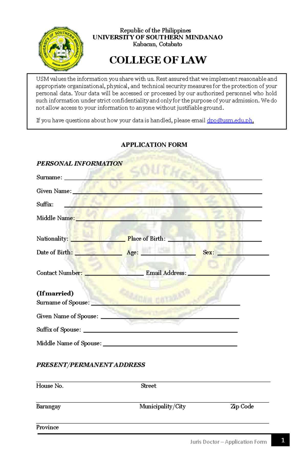 USM Juris Doctor Application Form: Personal & Contact Info - Studocu