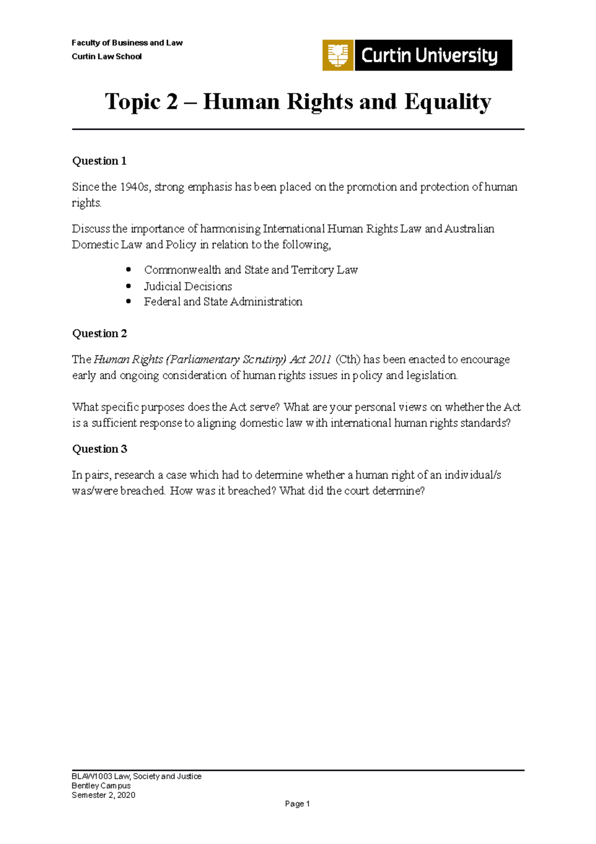Topic 2 - Tutorial LSJ - Human Rights & Equality - Faculty of Business ...