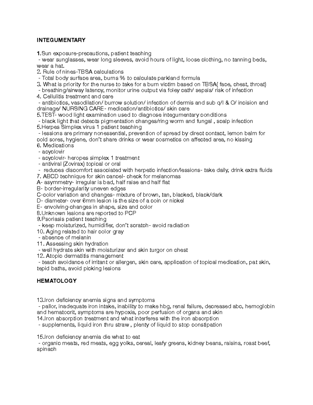 Med Surg 2 Exam 2: Integumentary & Hematology Patient Care Notes - Studocu