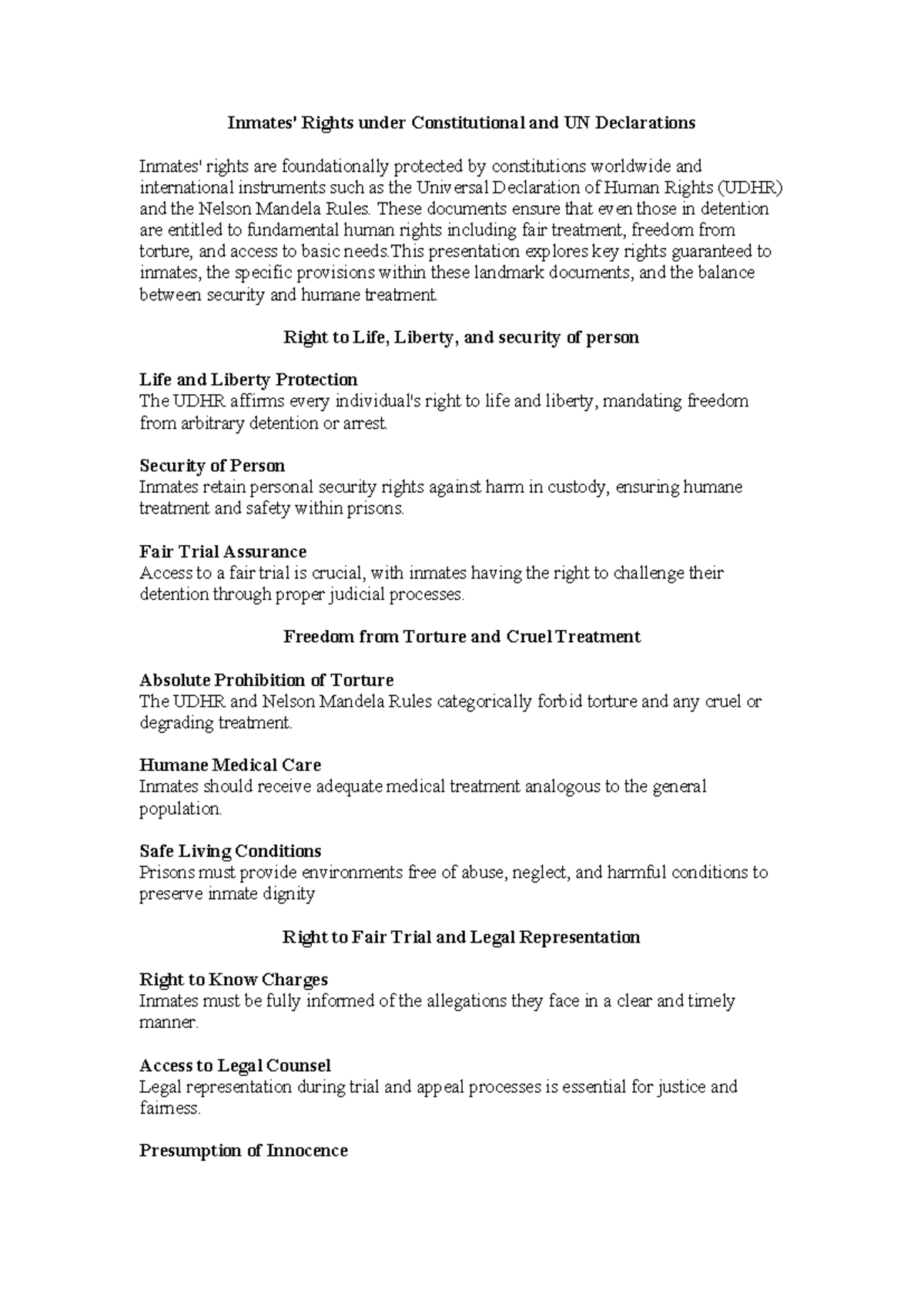 Inmates' Rights under Constitutional and UN Declarations: A ...