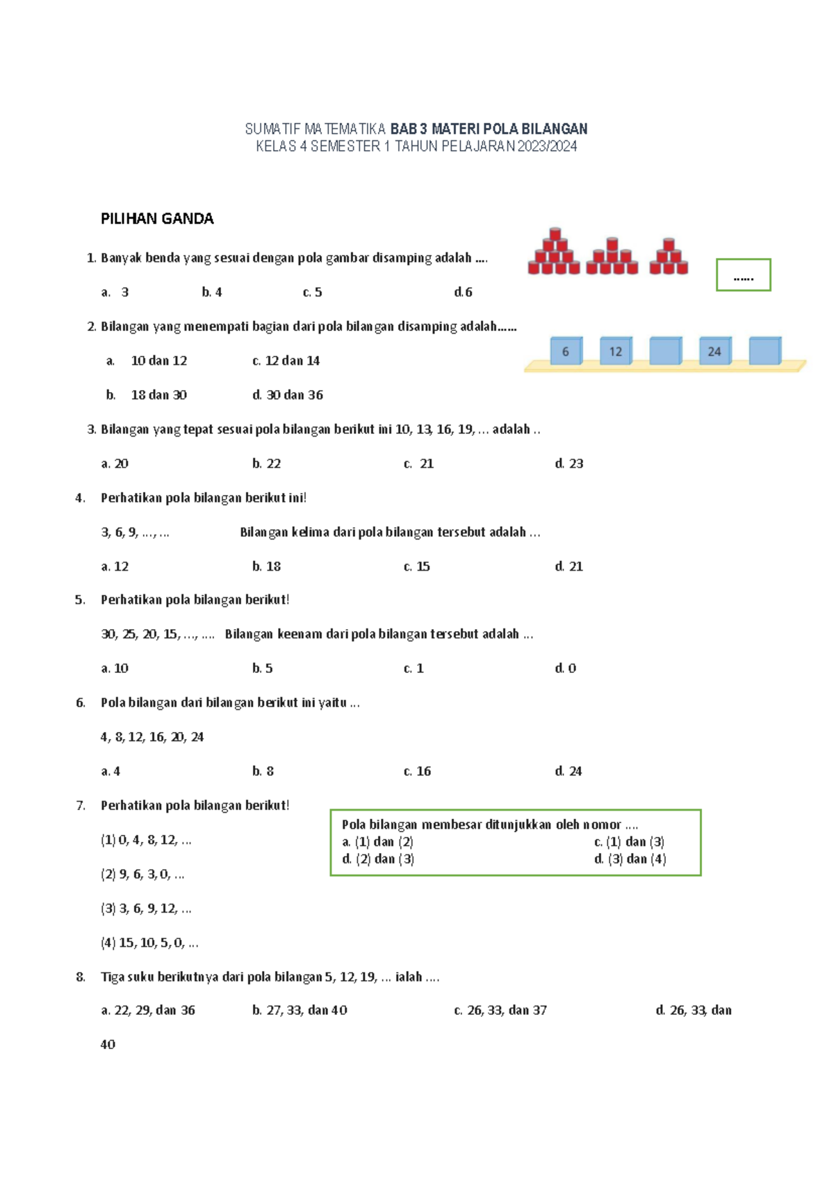 Sumatif Matematika Kelas 4: Pola Bilangan Bab 3 Semester 1 - Studocu
