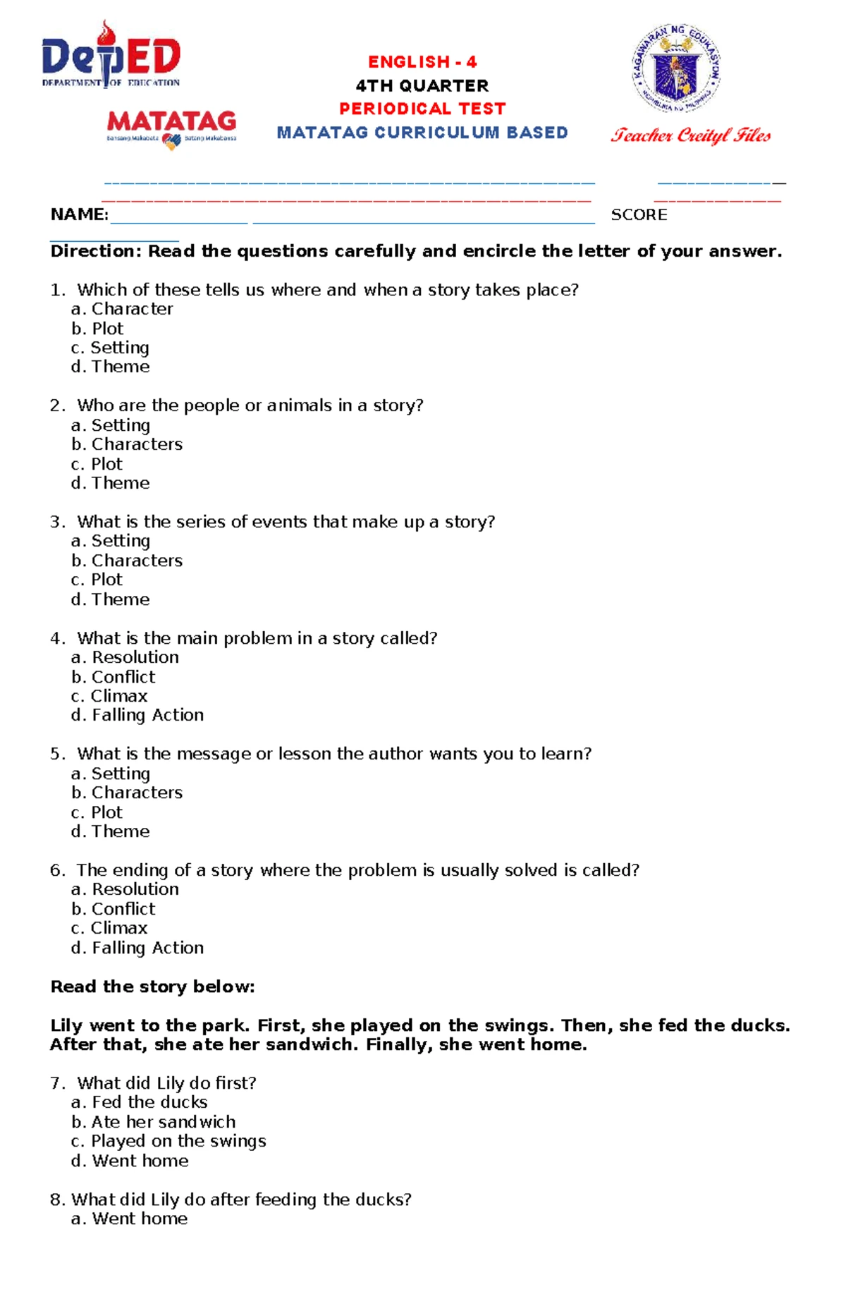 Science 4 periodical test 4th quarter: Matatag curriculum based score ...