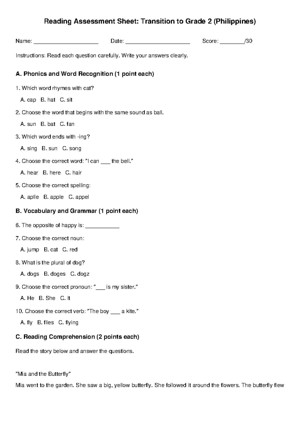 Grade 2 Reading Assessment PH Transition Document - Studocu