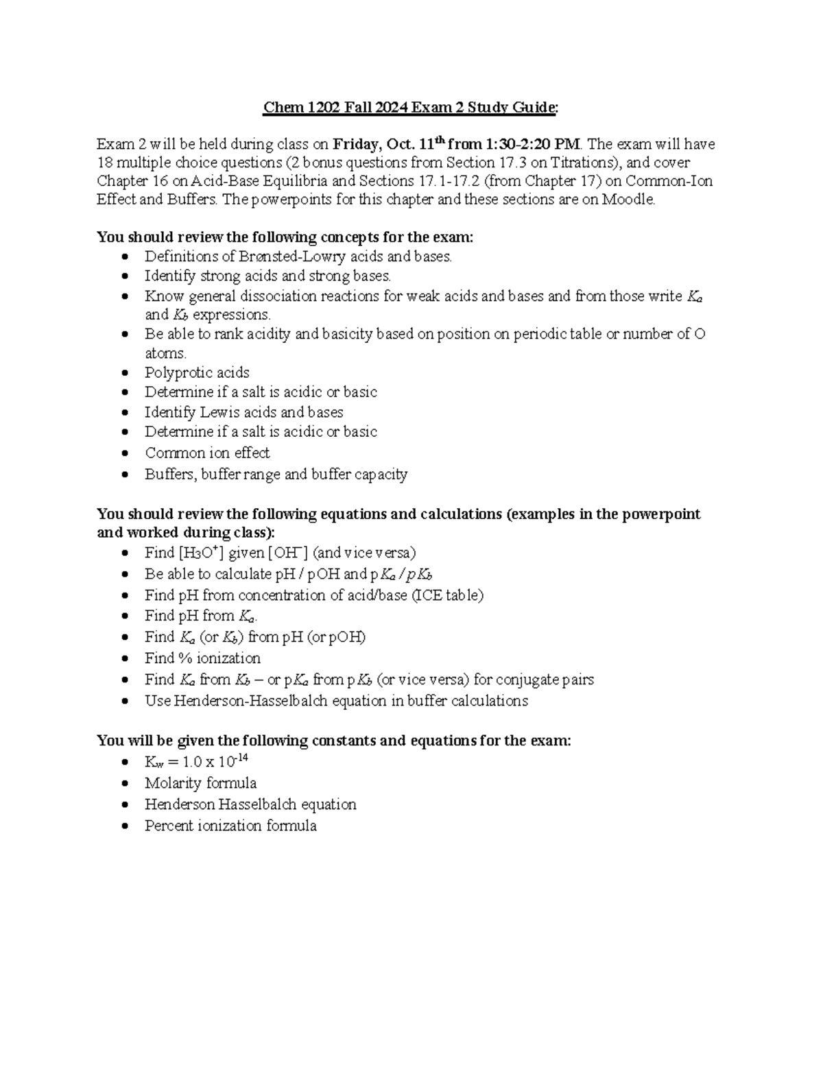 Chem 1202 Fall 2024 Exam 2 Study Guide on Acid-Base Equilibria - Studocu