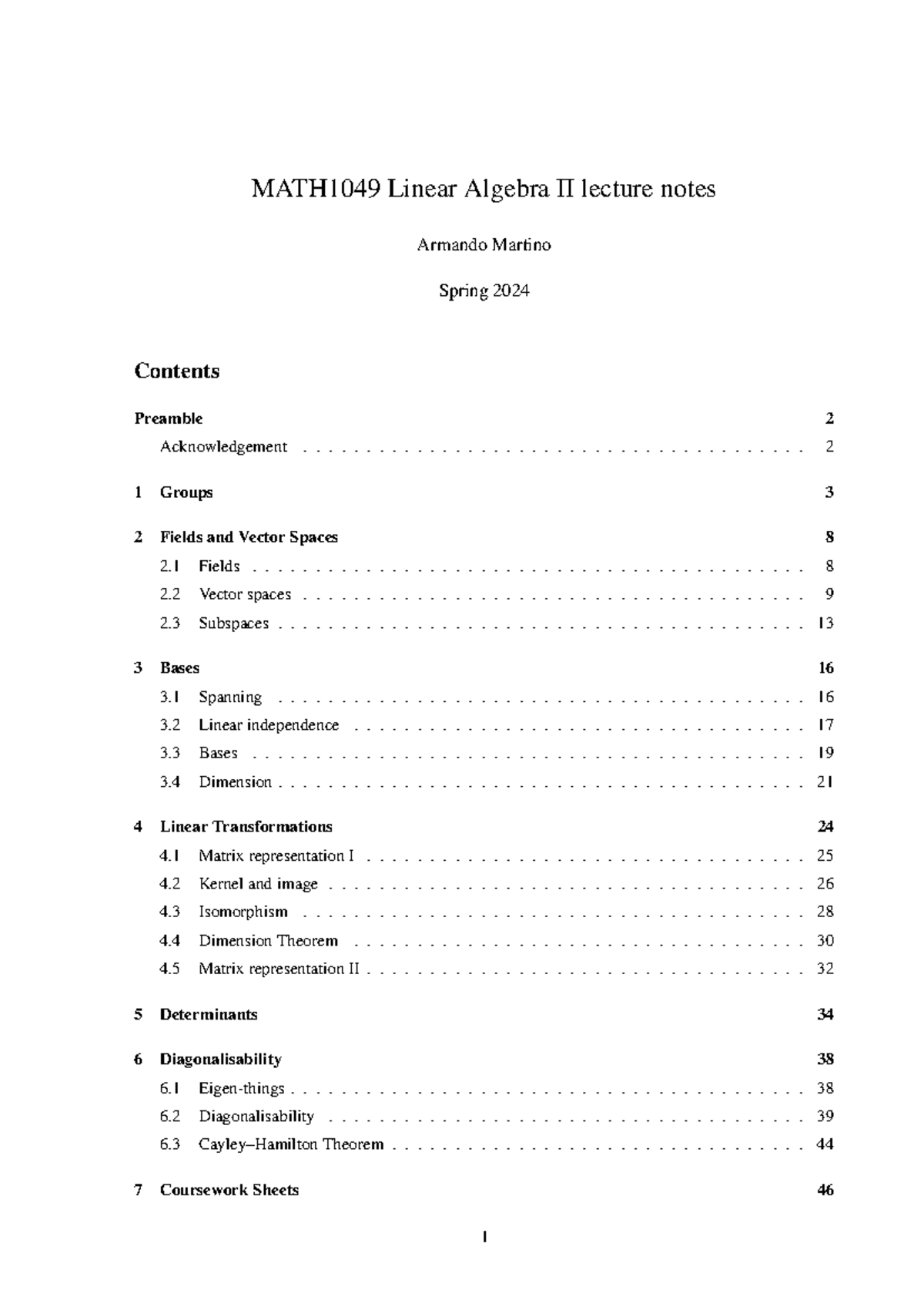 MATH1049 Linear Algebra II Lecture Notes - Spring Overview - Studocu