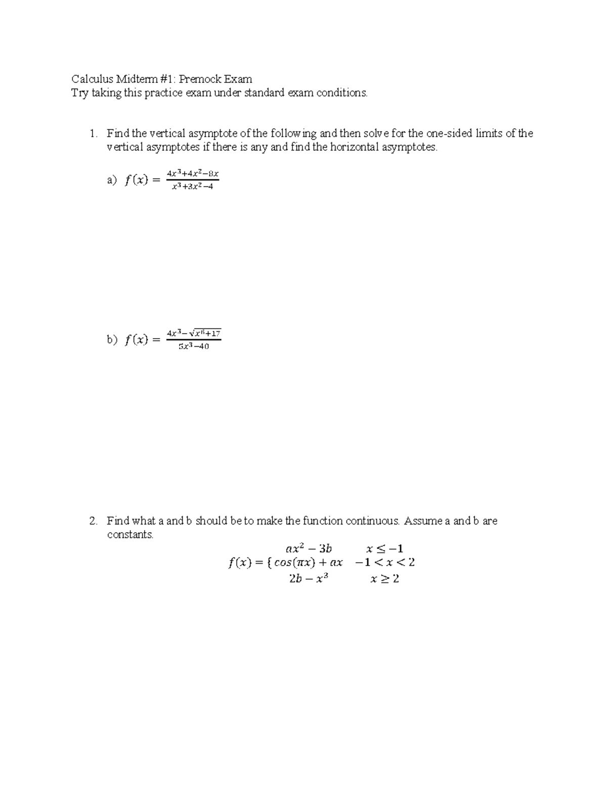 Calculus MTH101 Midterm #1 Premock Exam Practice Questions - Studocu