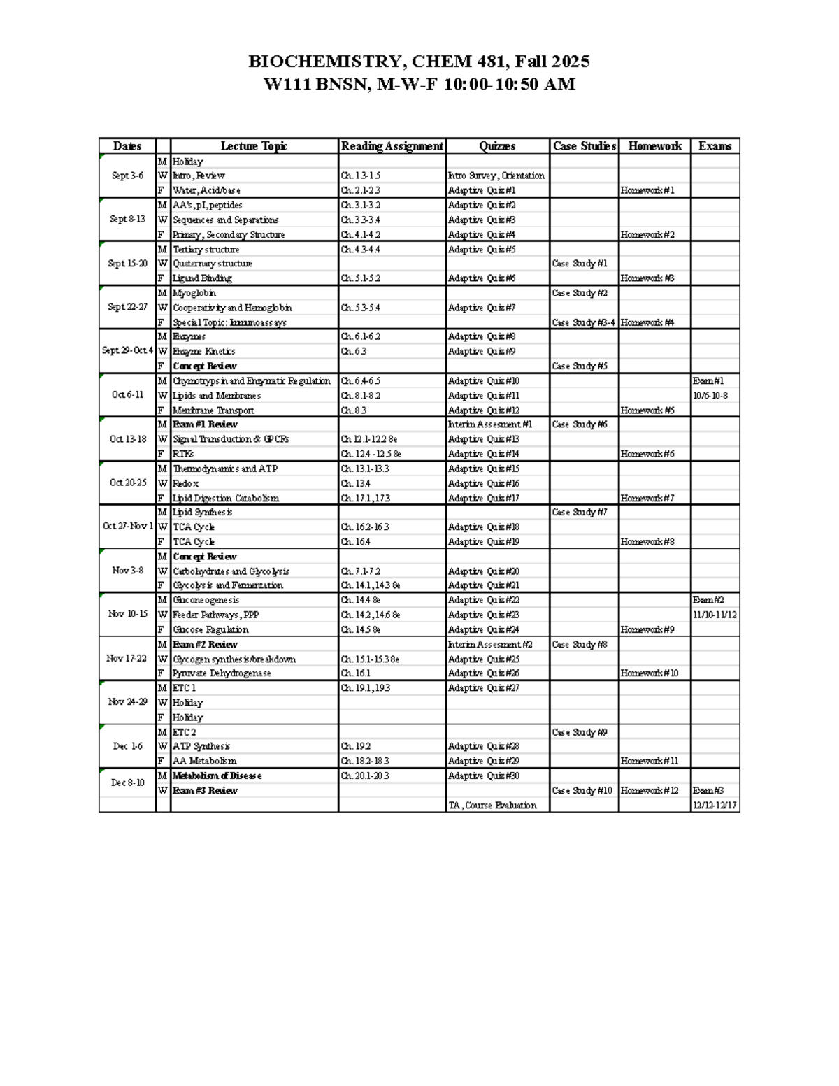 CHEM 481 Syllabus: Biochemistry Course Overview, Fall 2025 - Studocu