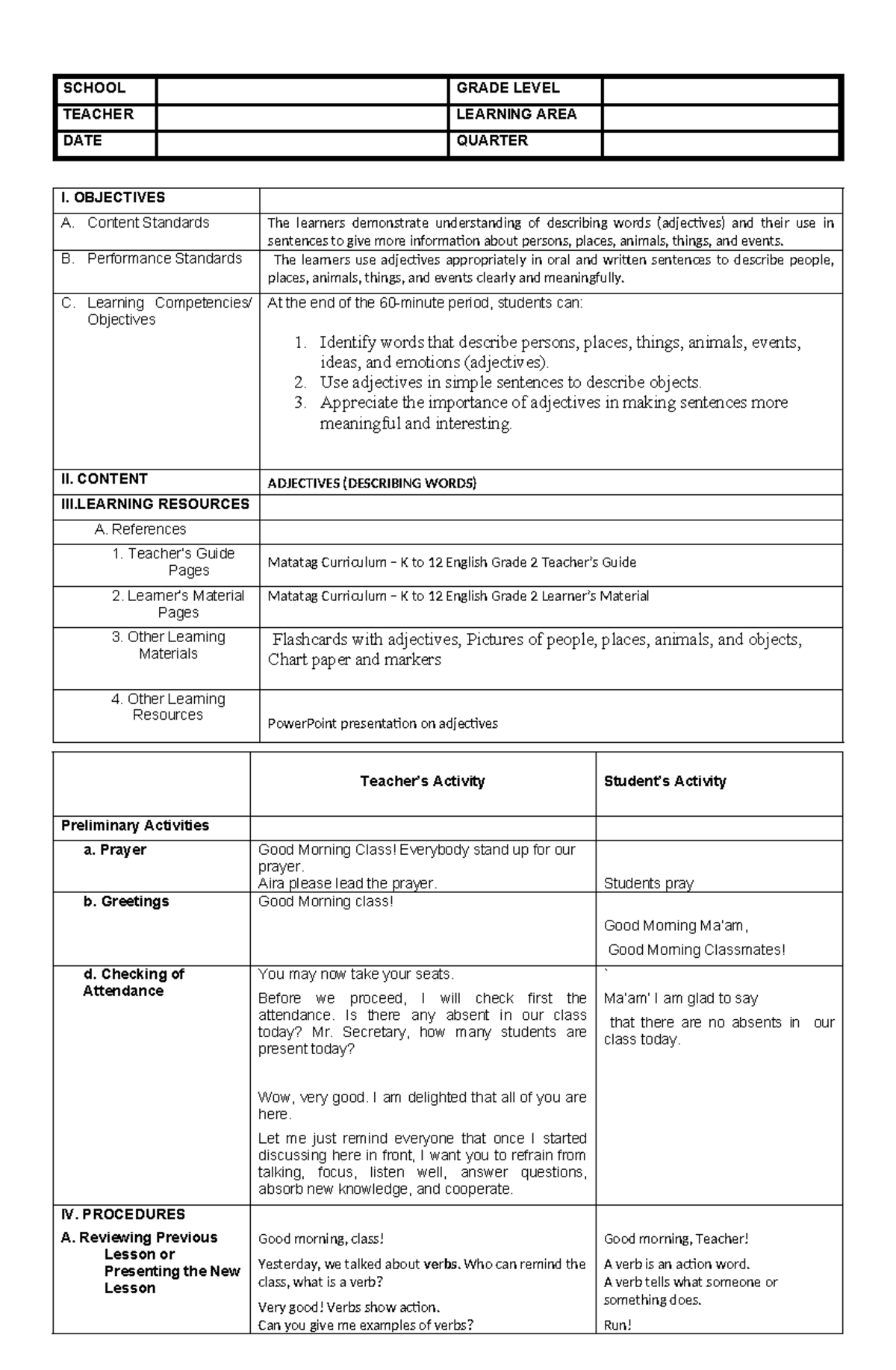 DLP Estela: Detailed Lesson Plan on Adjectives for Grade 2 - Studocu