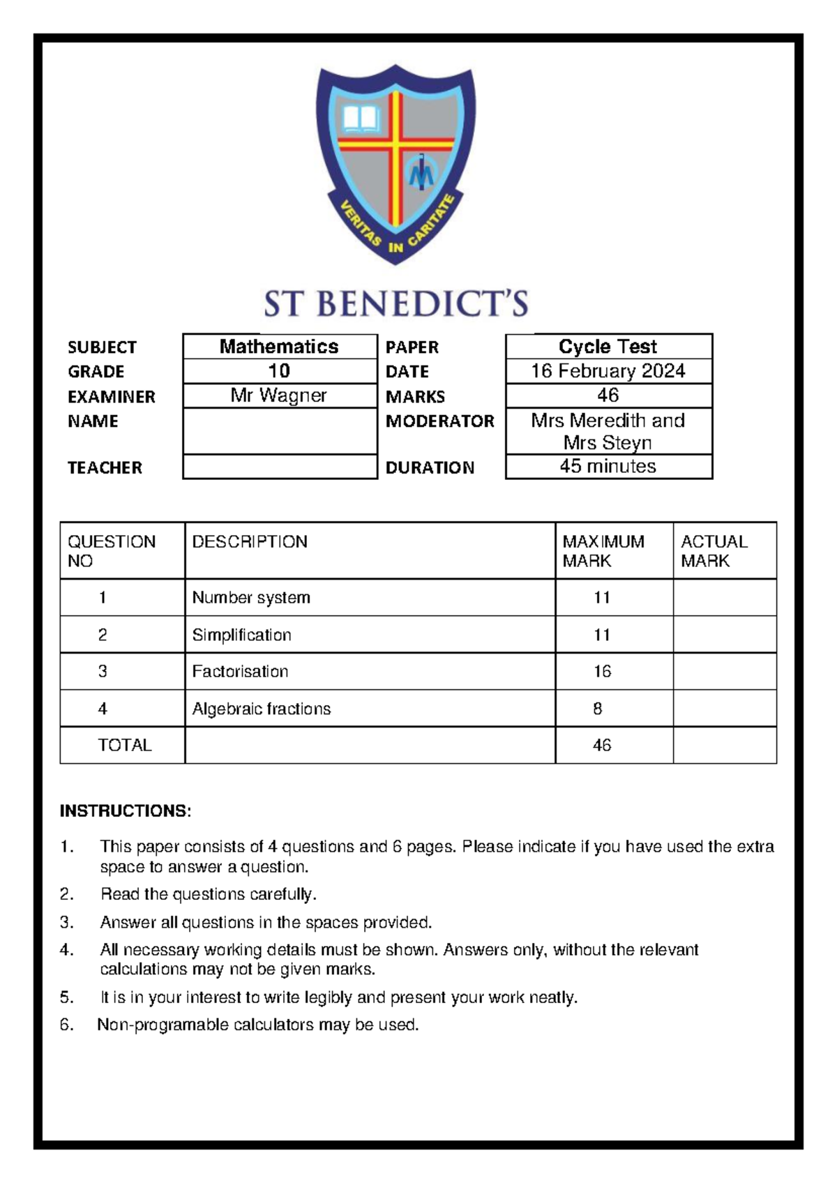 Grade 10 Mathematics Cycle Test: Algebra Concepts and Problems - Studocu