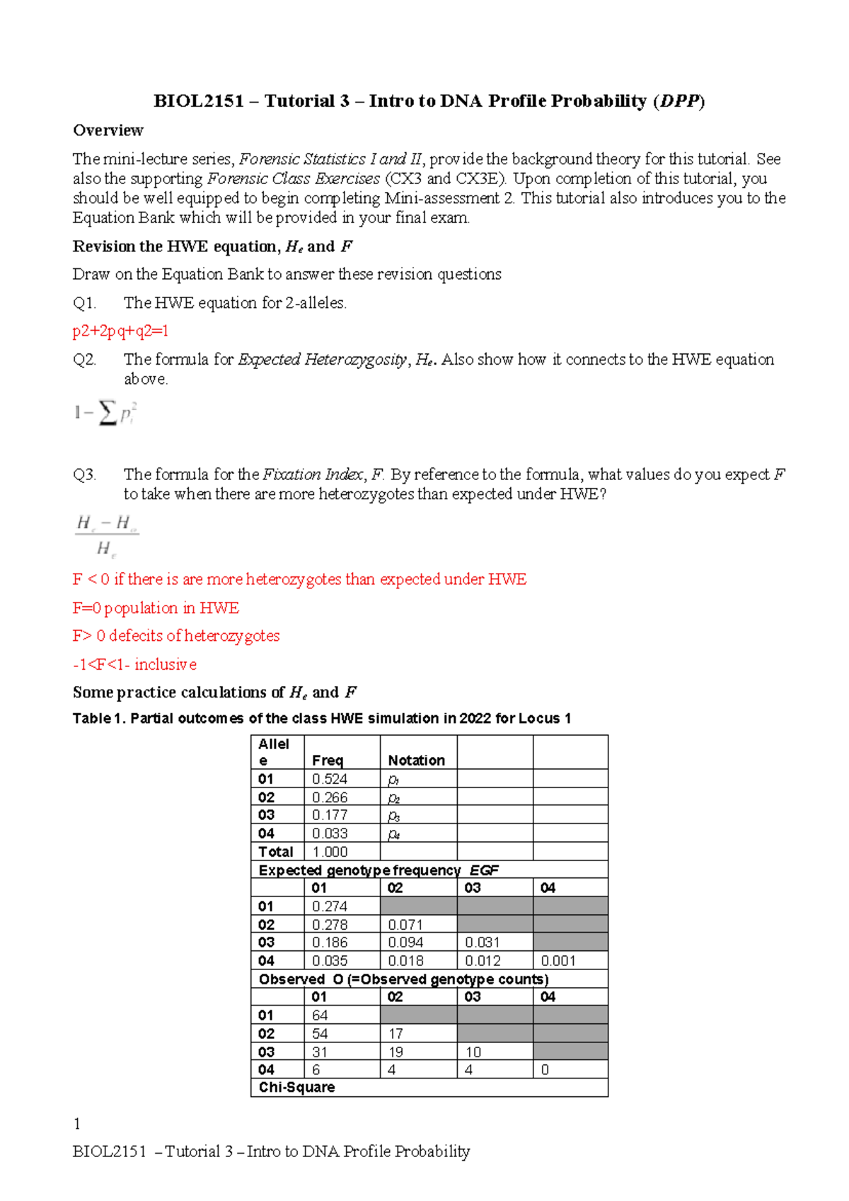 BIOL2151 Tutorial 3: DNA Profile Probability Overview and Calculations ...