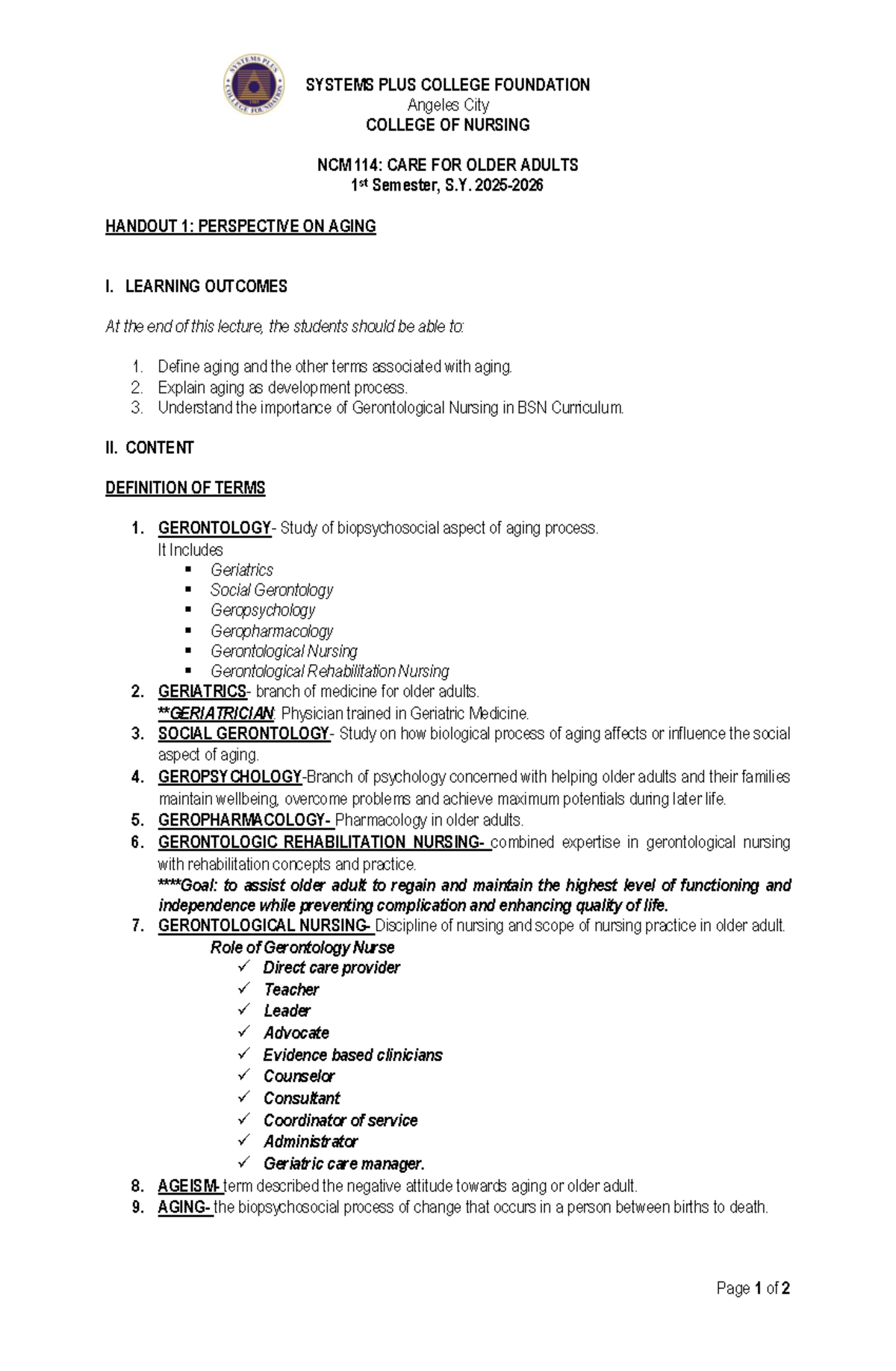 NCM 114: Care for Older Adults - Handout 1 on Aging Perspectives - Studocu