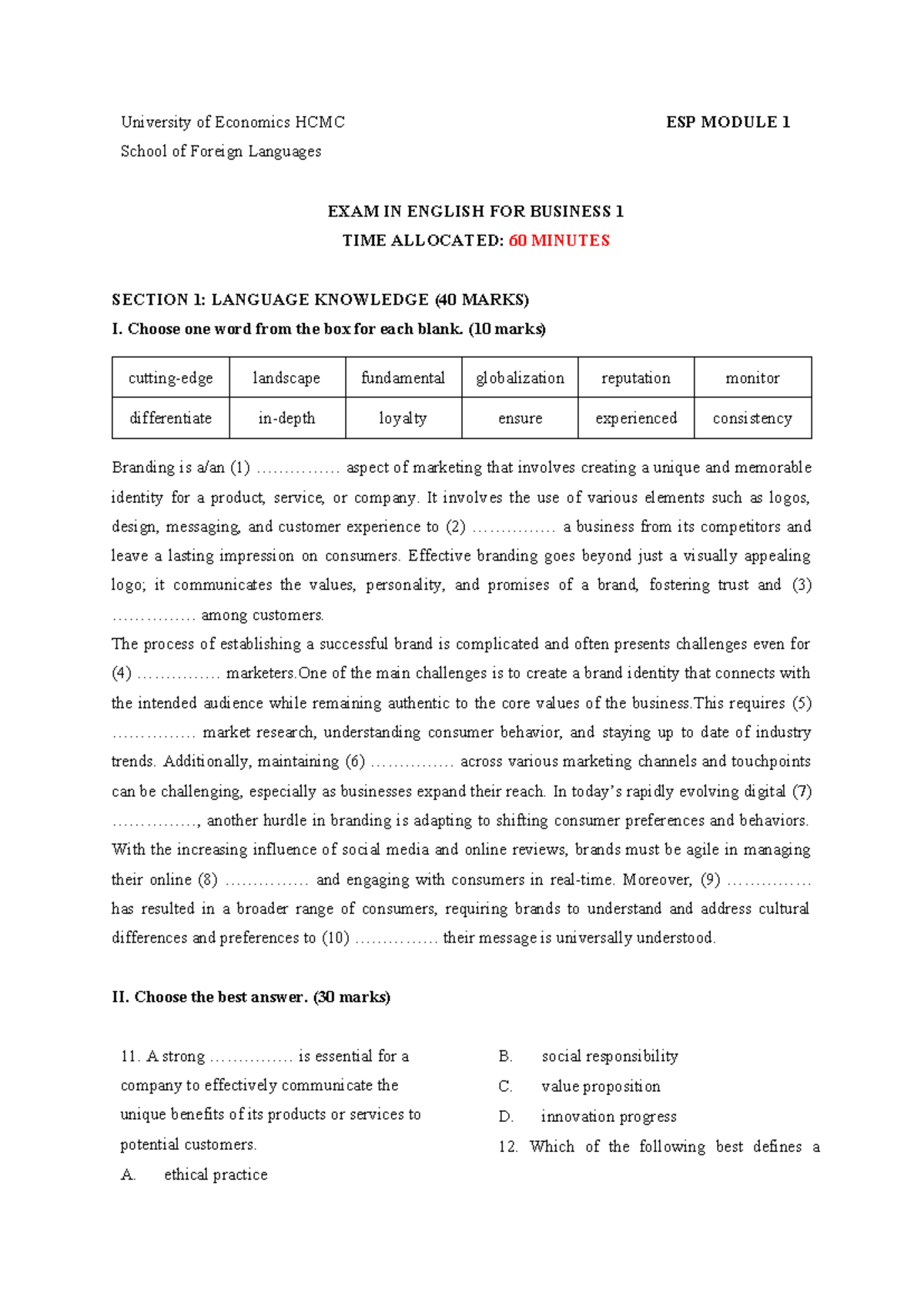 ESP MODULE 1 Exam in English for Business - University of Economics ...