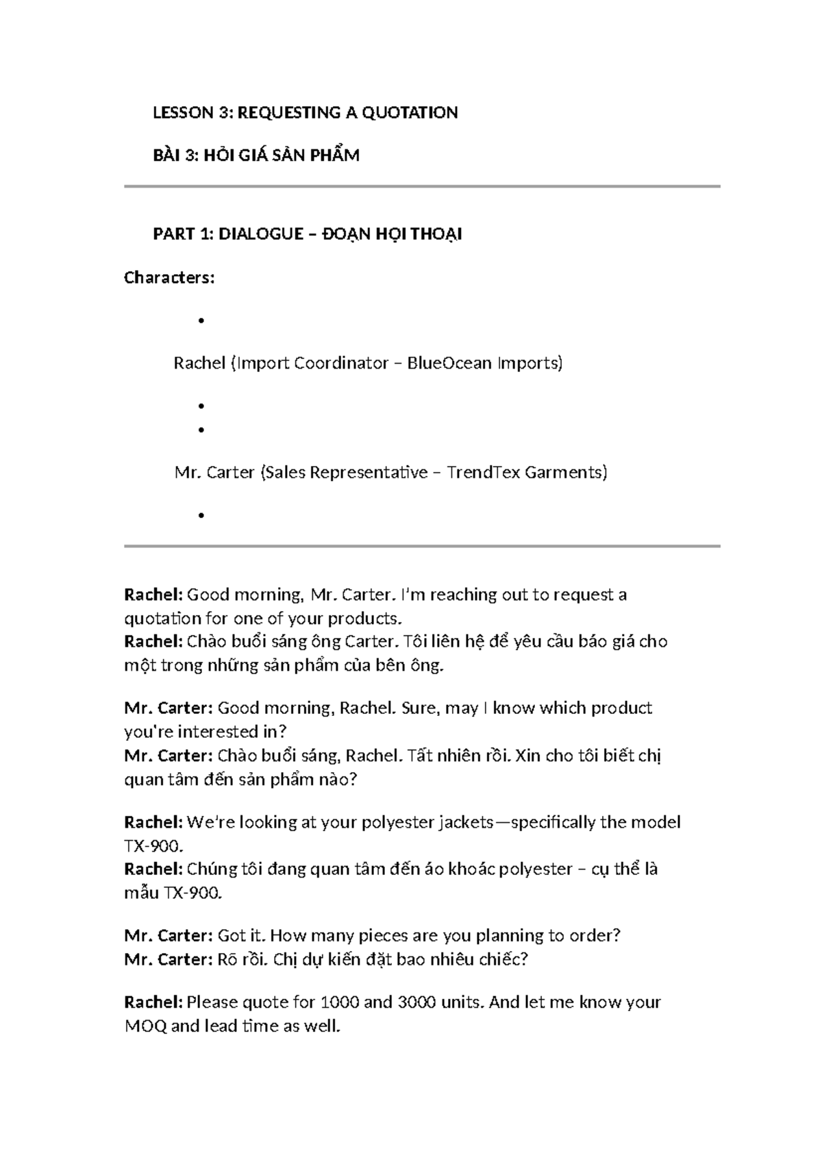 LESSON 3: REQUESTING A QUOTATION - DIALOGUE & EMAIL EXAMPLES - Studocu