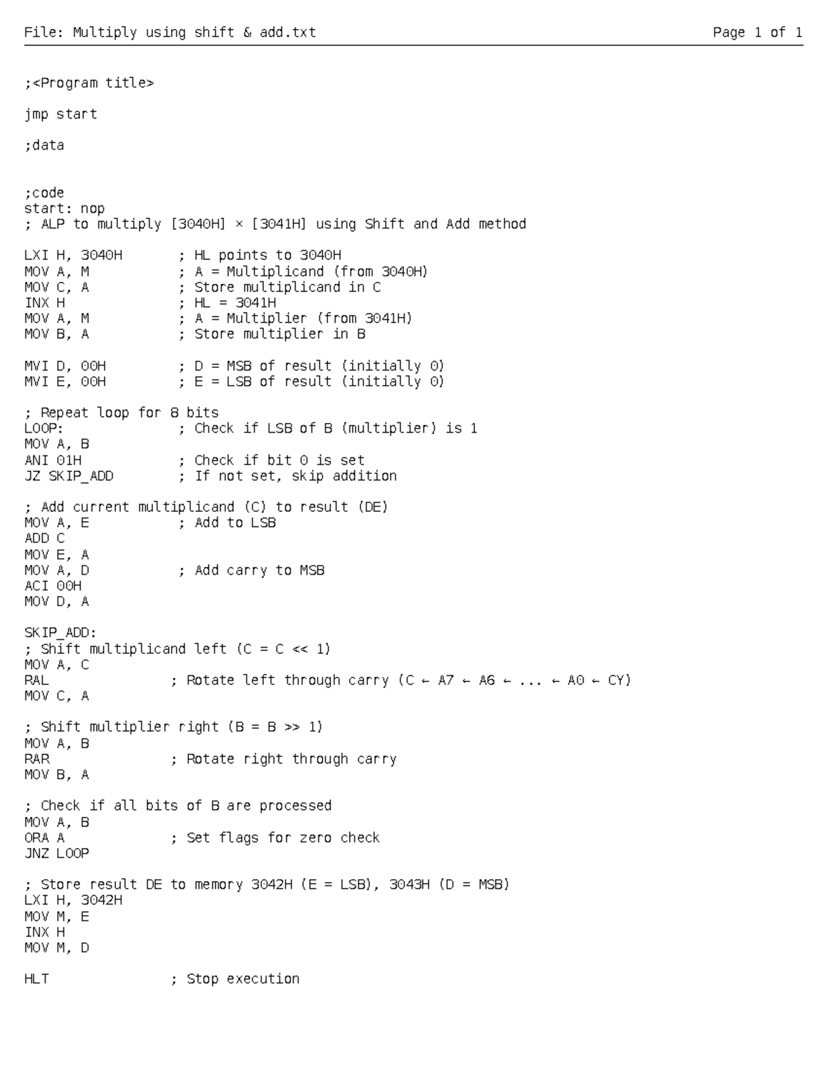 ALP for Multiplication Using Shift and Add Method - Output Practical ...