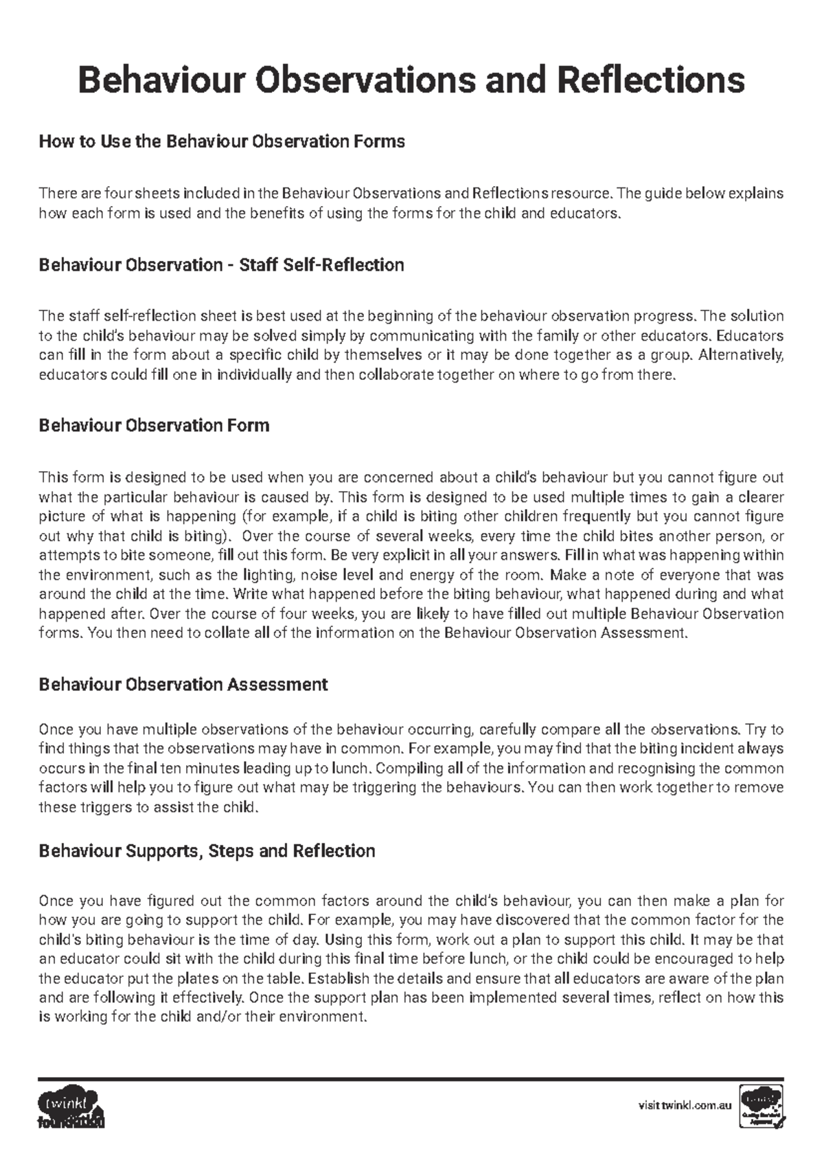 Behaviour Observations and Reflections Guide for Educators - Studocu