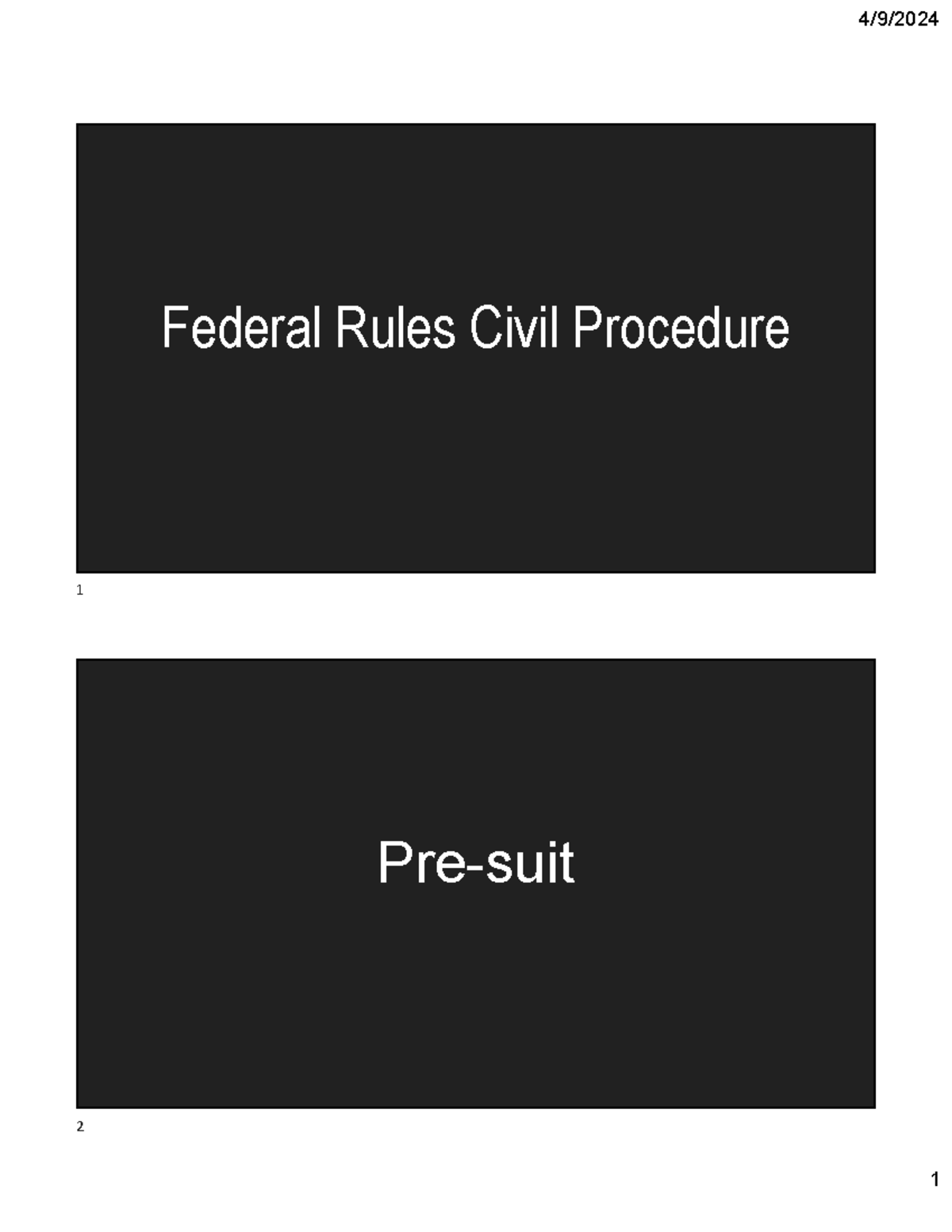 Civil Procedure I - Overview of Federal Rules and Key Concepts - Studocu
