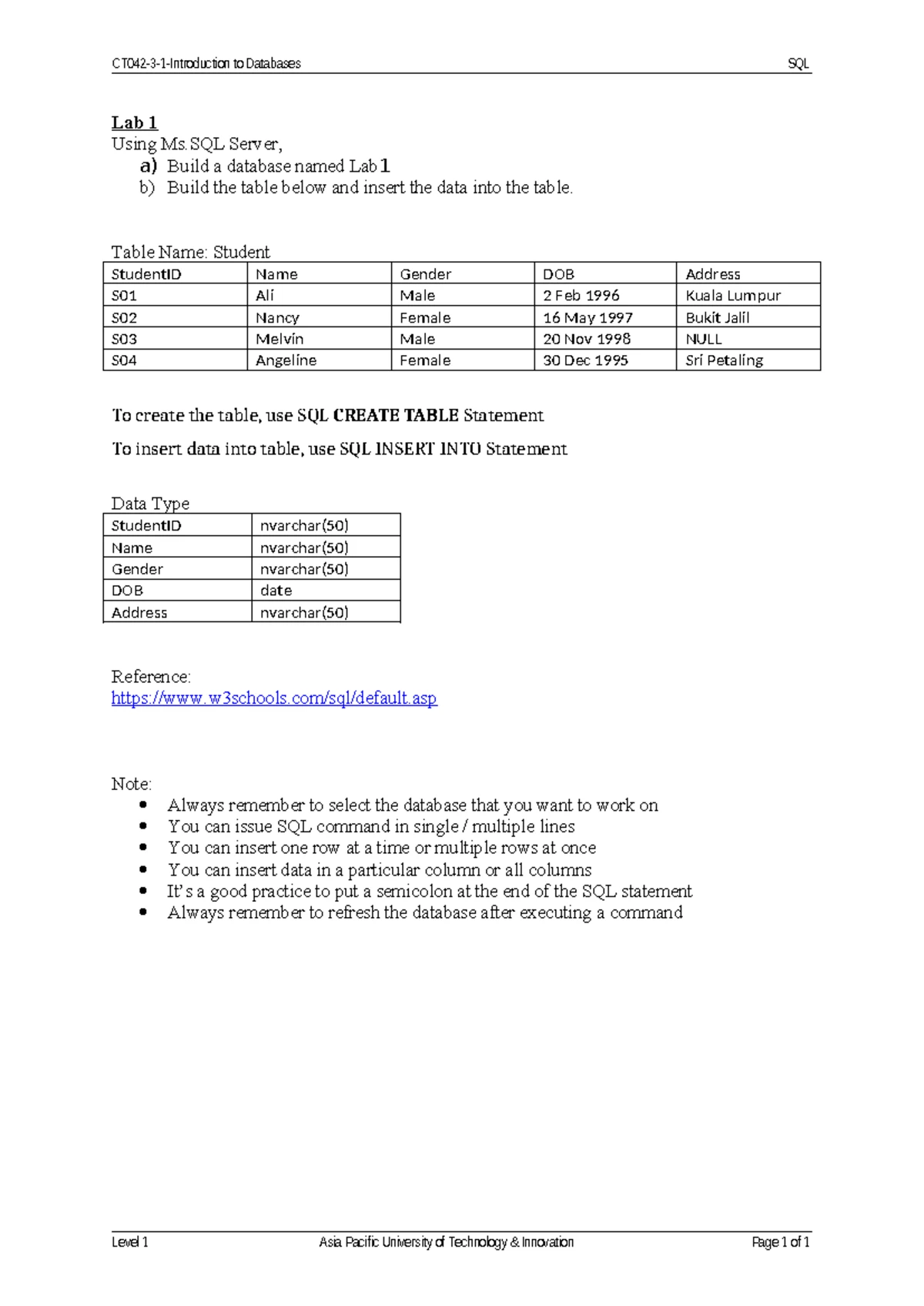 Lab 8 - SQL Database Creation and Querying in CT042-3-1 - Studocu