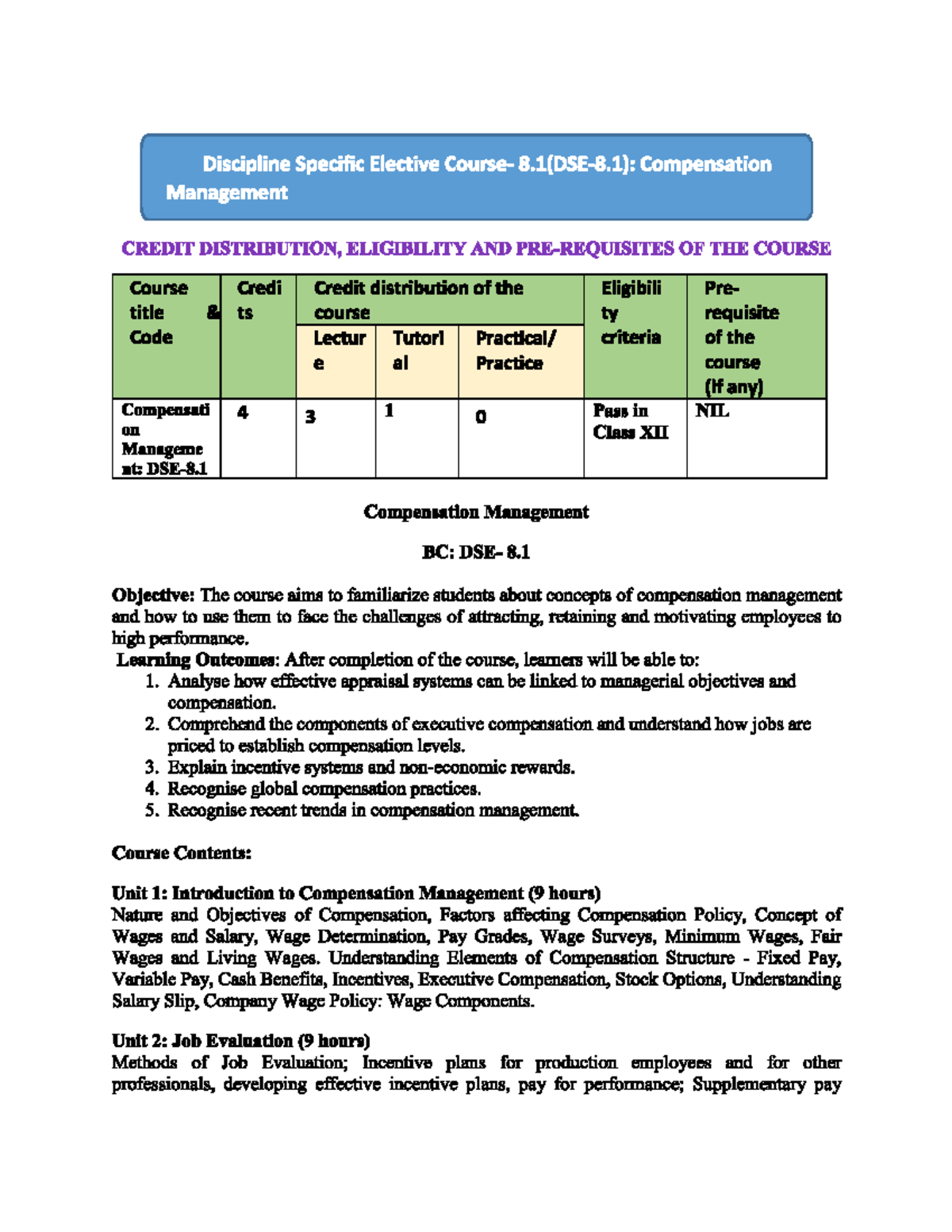 DSE 27 - Syllabus for Compensation Management Course - Studocu