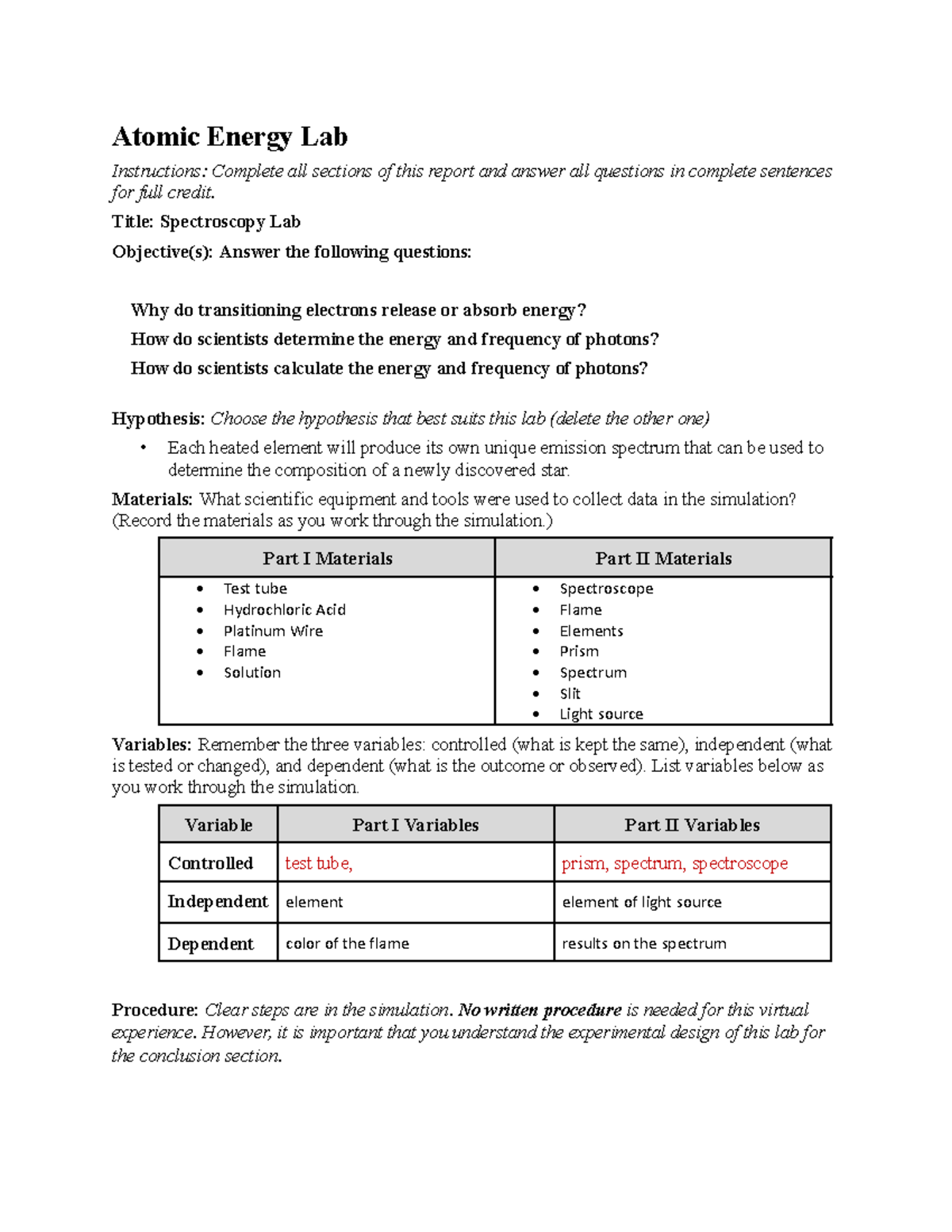 Spectroscopy Lab Instructions: Analyzing Emission Spectra for Stars ...