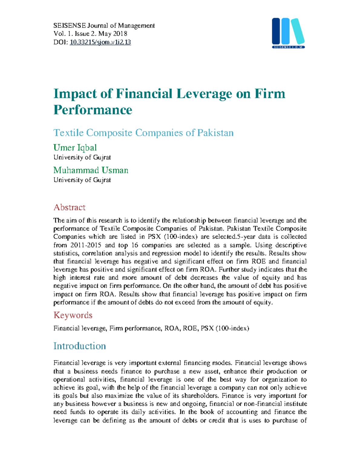 Impact of Financial Leverage on Firm Performance - SEISENSE Journal of ...