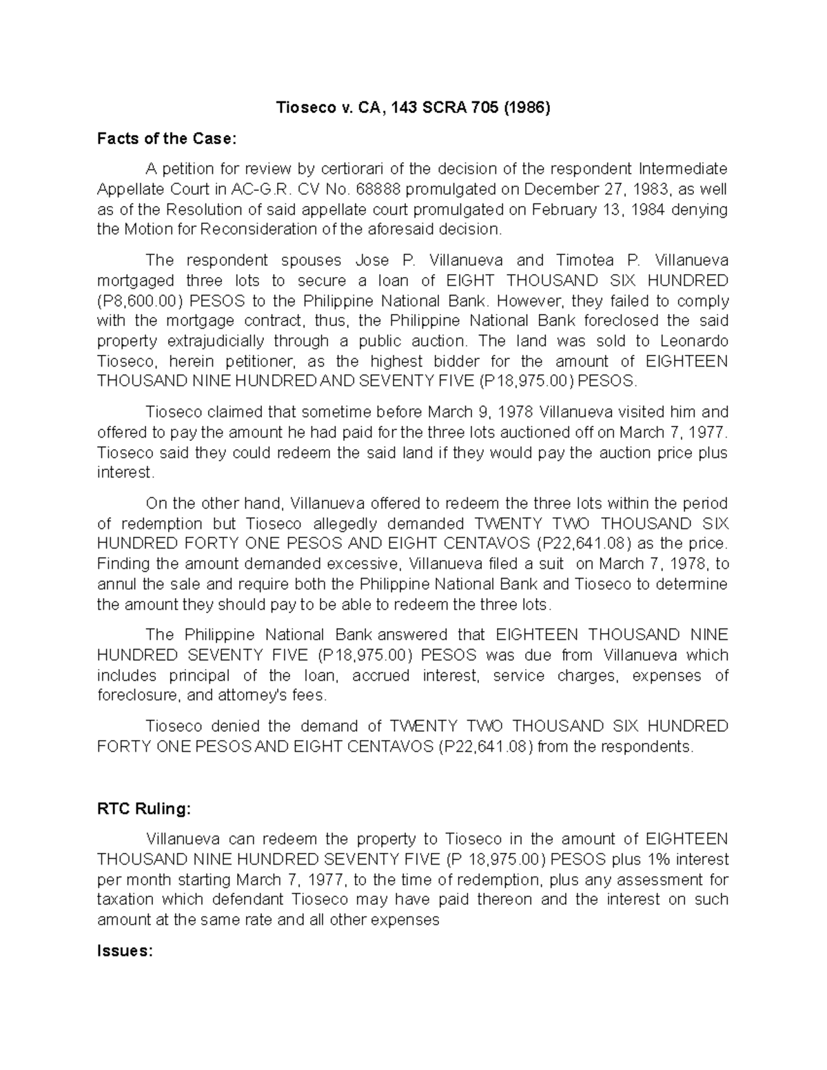 Tioseco v. CA, 143 SCRA 705 (1986) - Case Digest Summary - Studocu