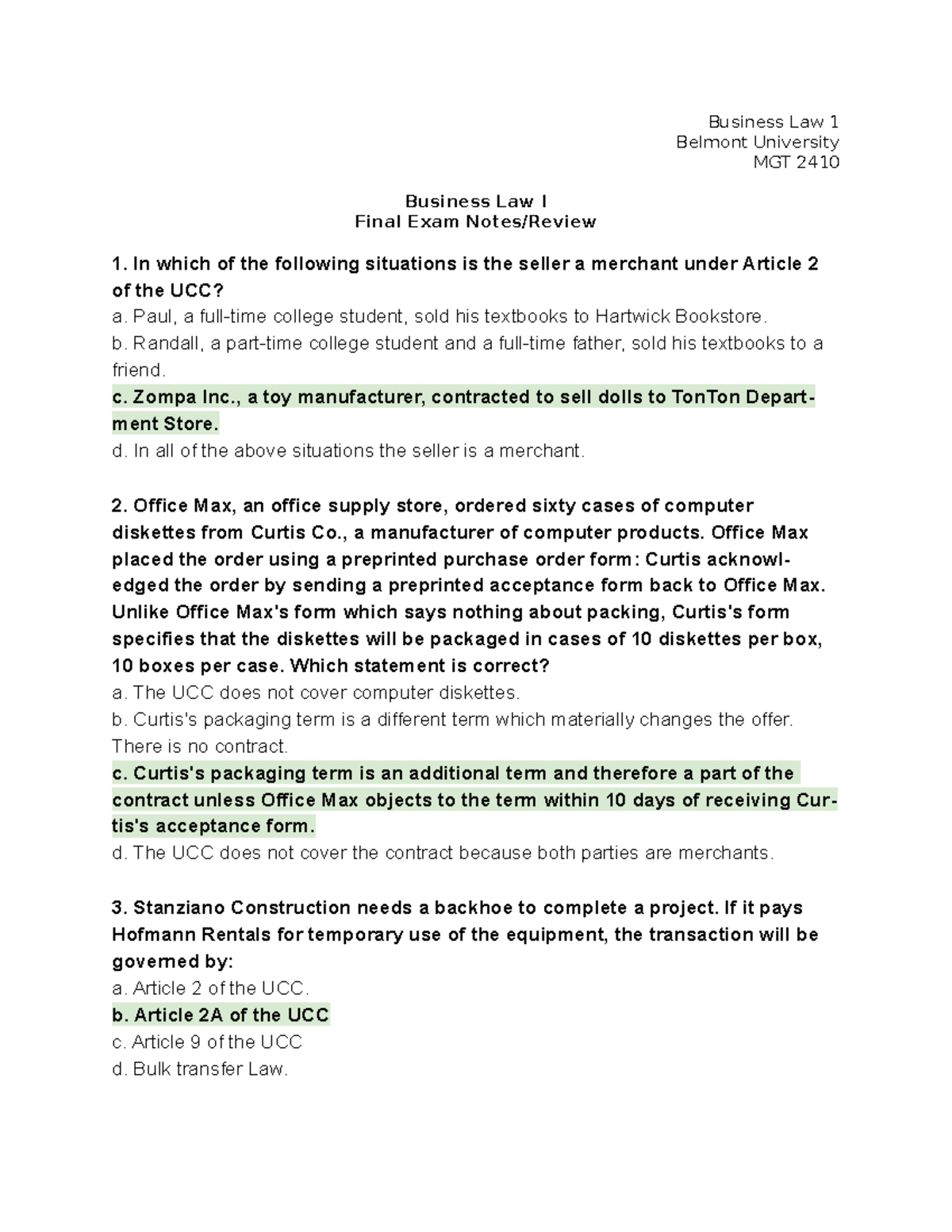 MGT 2410 Business Law I Final Exam Study & Review Notes - Studocu