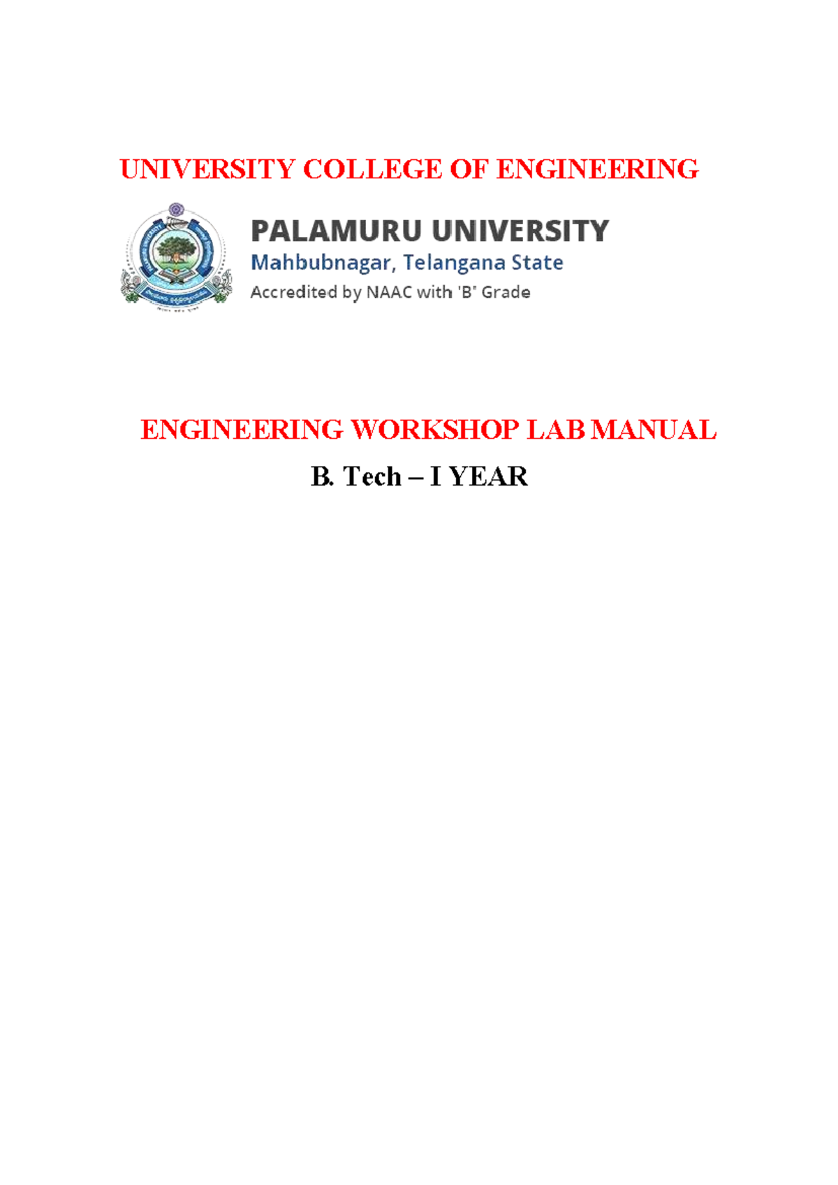 EWS Lab Manual for B.Tech I Year ME209ES: Engineering Workshop - Studocu