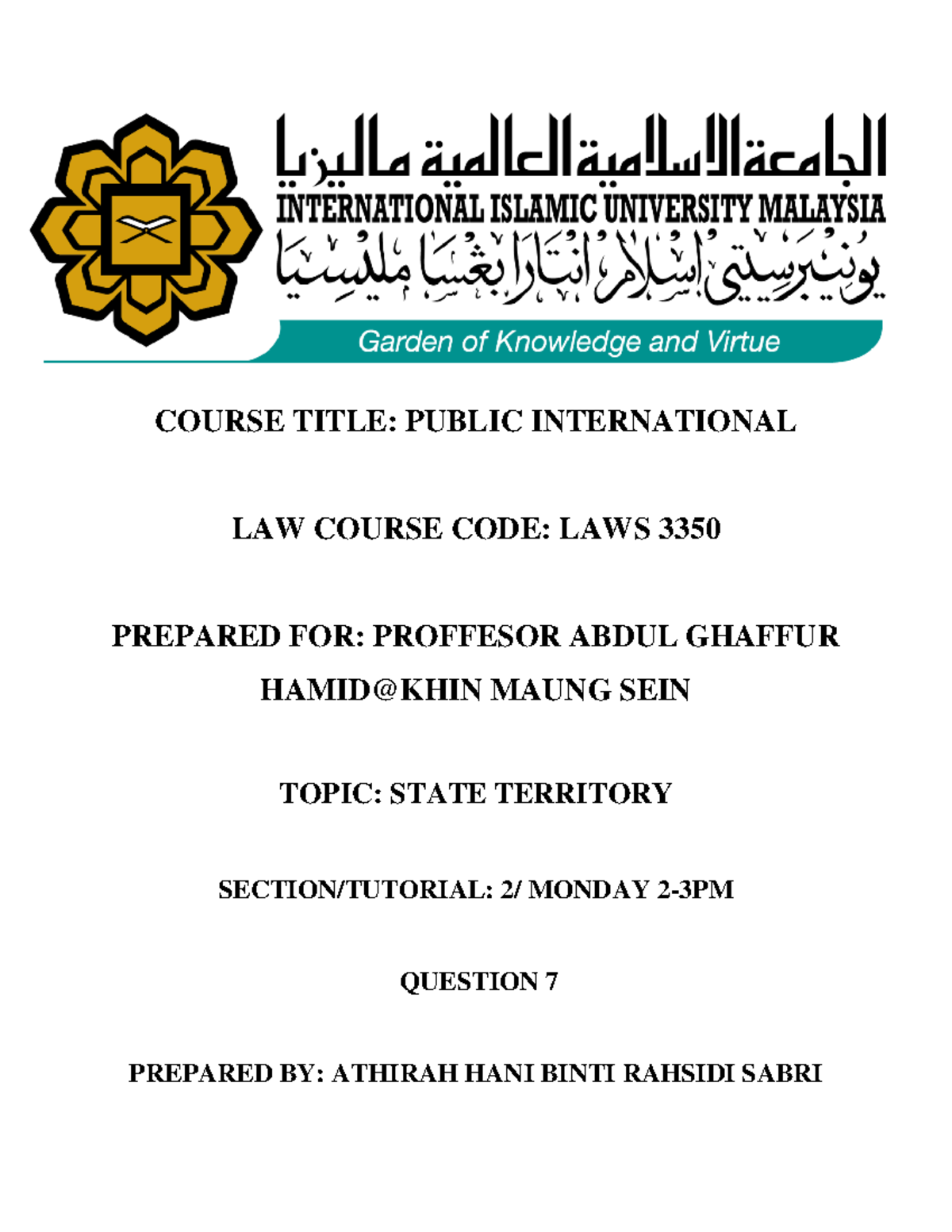 PIL Written - COURSE TITLE: PUBLIC INTERNATIONAL LAW COURSE CODE: LAWS ...
