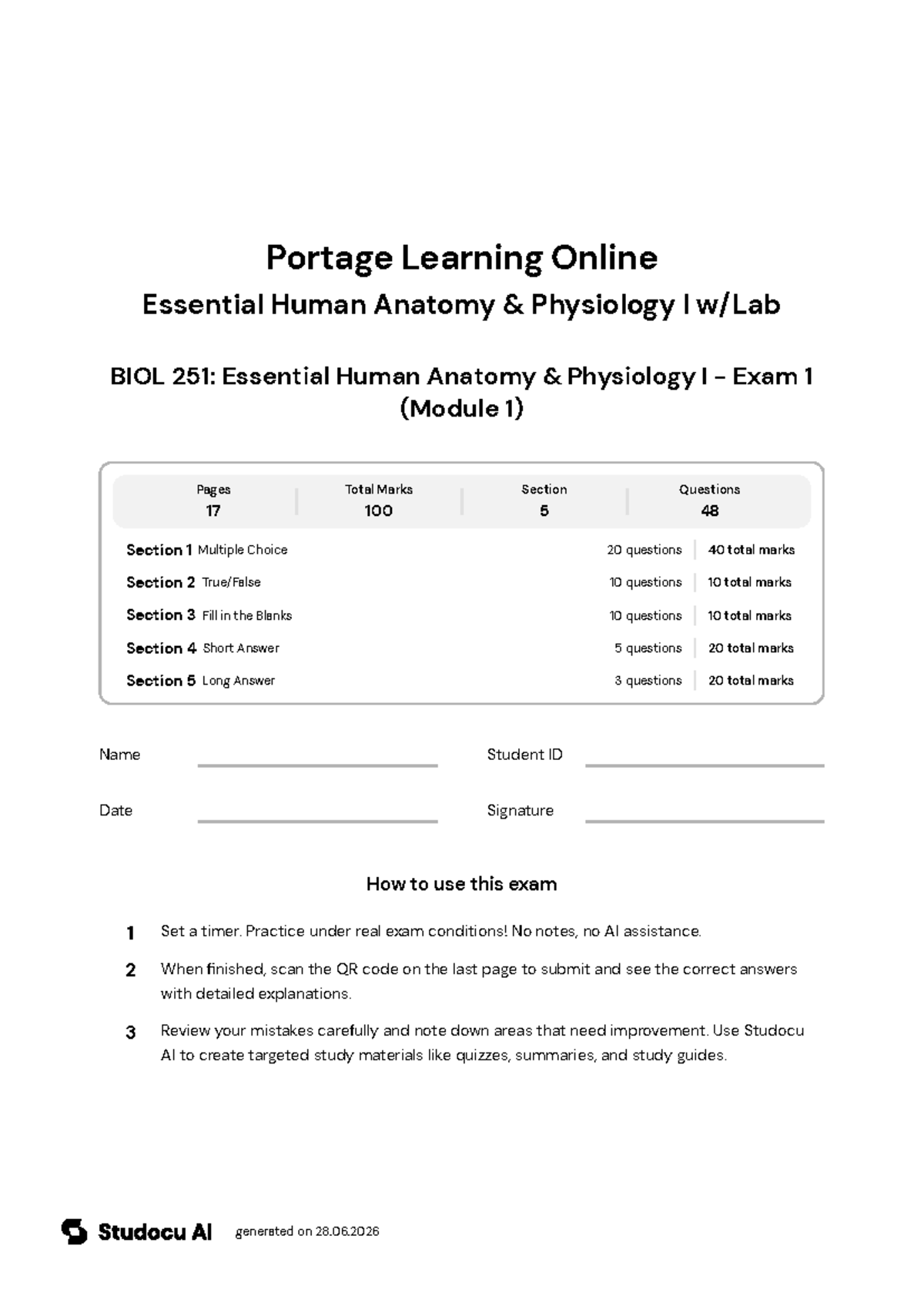BIOL 251: Essential Human Anatomy & Physiology I - Exam 1 - Studocu