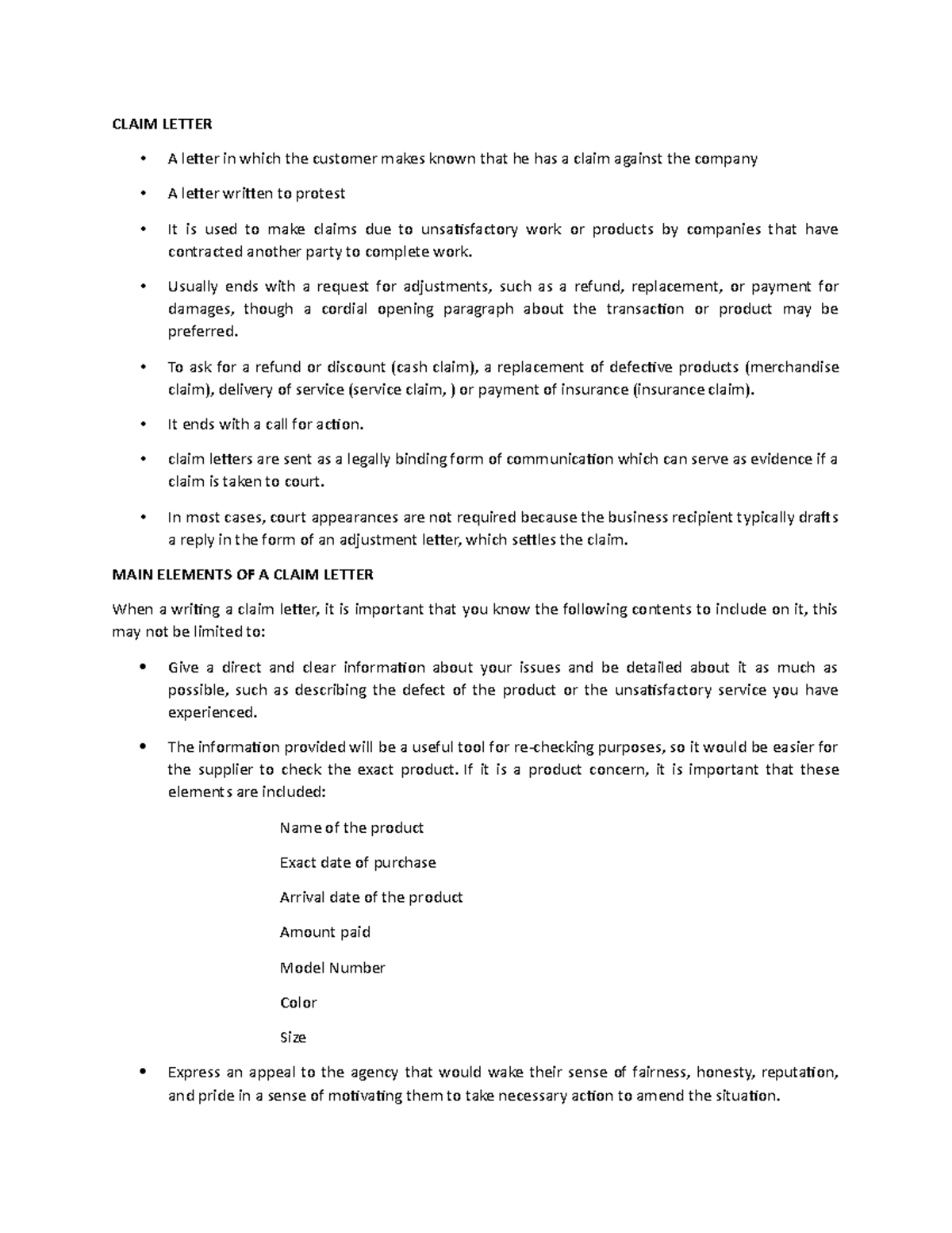 Effective Claim Letters: Structure, Rules, and Examples - Studocu