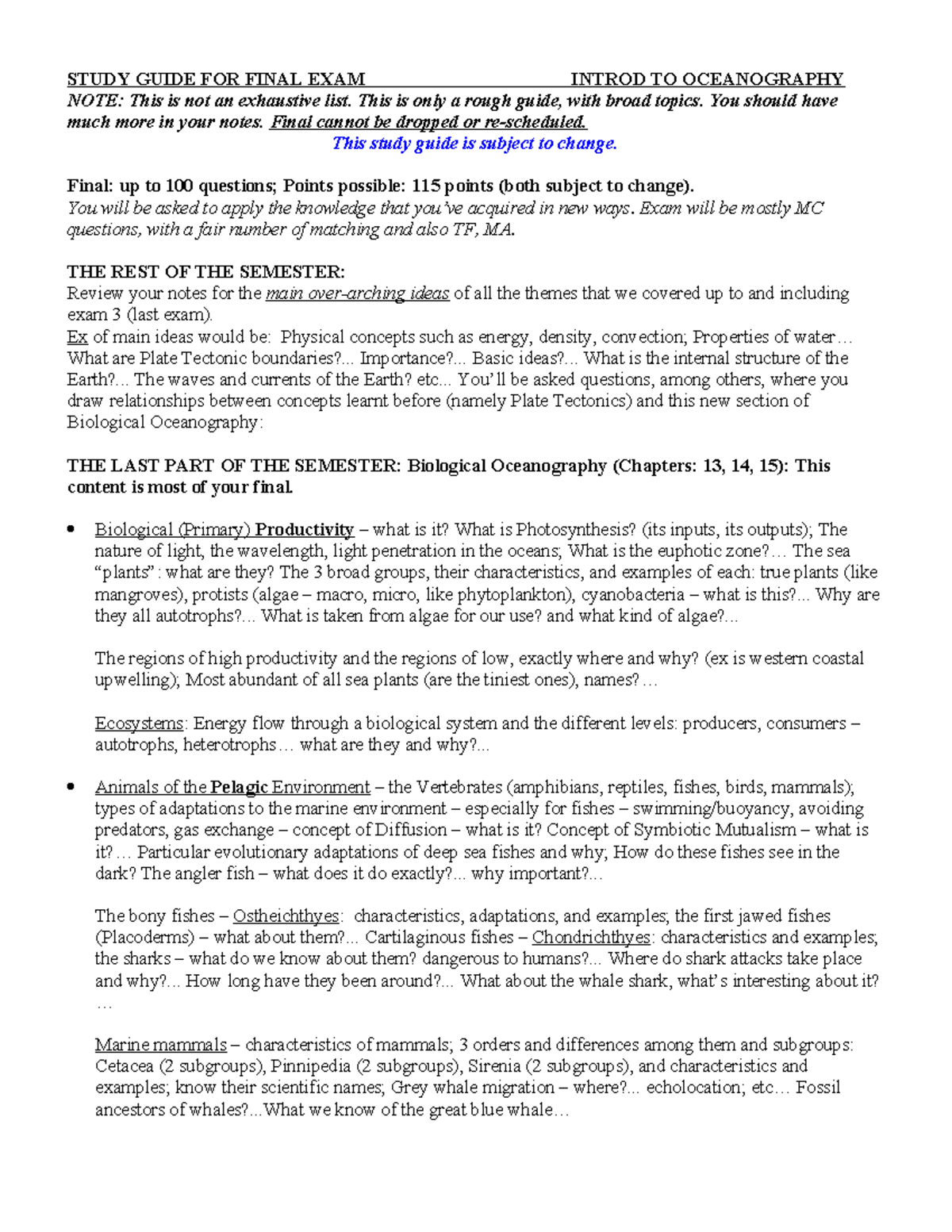 Study Guide for Final Exam: Intro to Oceanography (Course Code) - Studocu