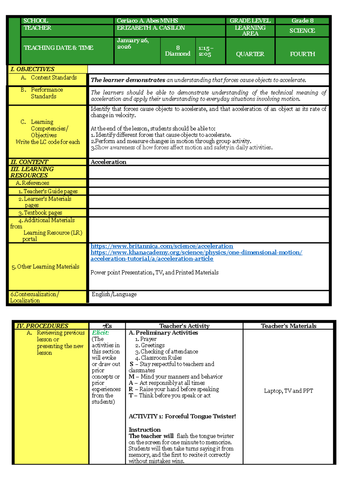 Grade 8 Science Lesson Plan: Forces and Acceleration (Week 3) - Studocu