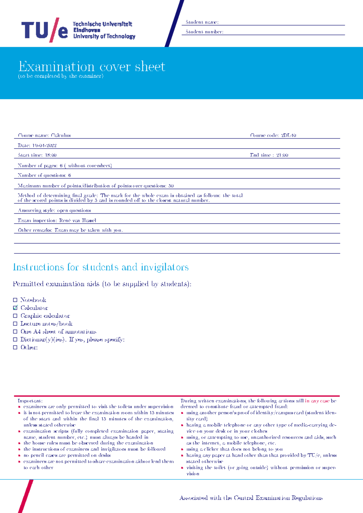 Exam 2DL40: Calculus Final Exam Cover Sheet and Instructions - Studeersnel