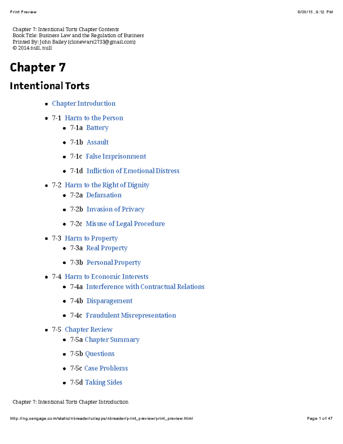 Business Law: Chapter 7 - Intentional Torts Overview and Key Concepts ...