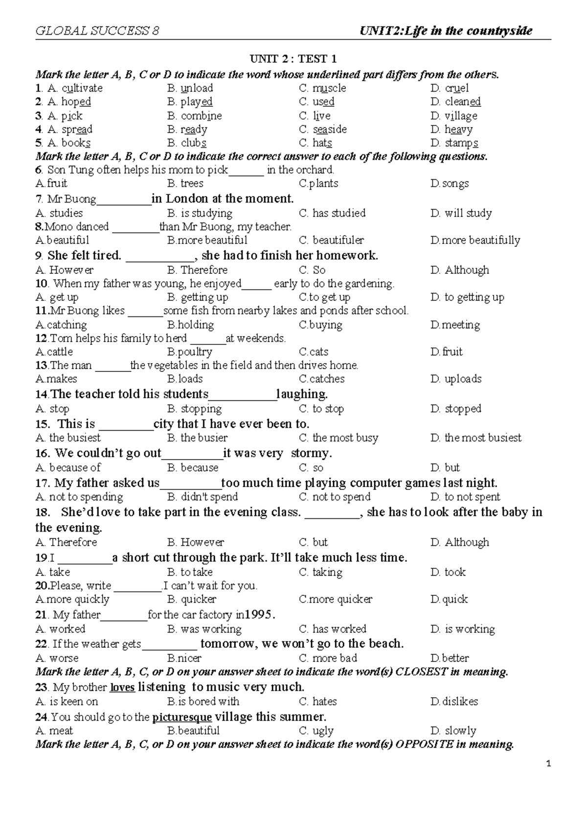 Bài tập bổ trợ anh 8 Global UNIT 2 - Practice TEST - UNIT 2 : TEST 1 ...