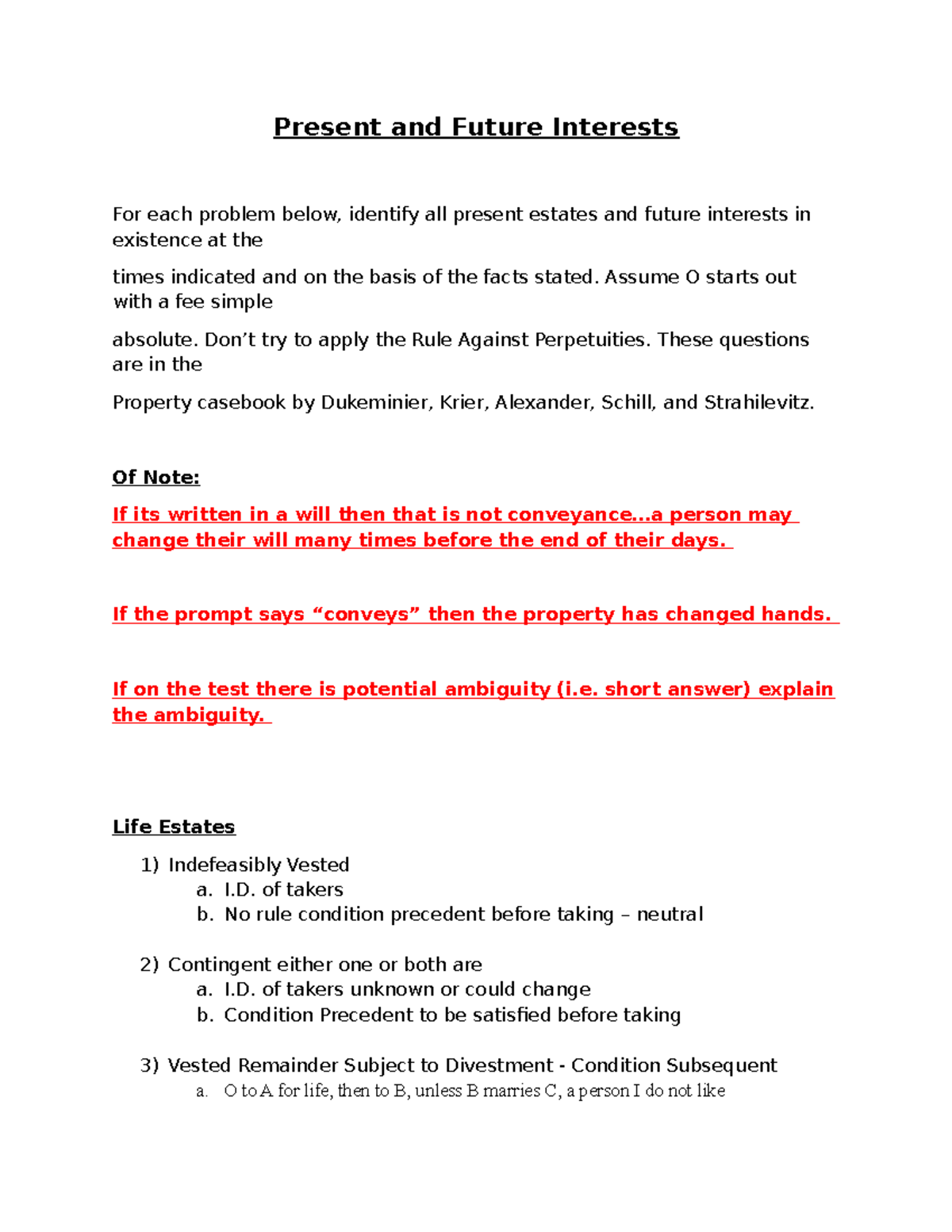 Present and Future Interests - Property Hypos Analysis - Studocu